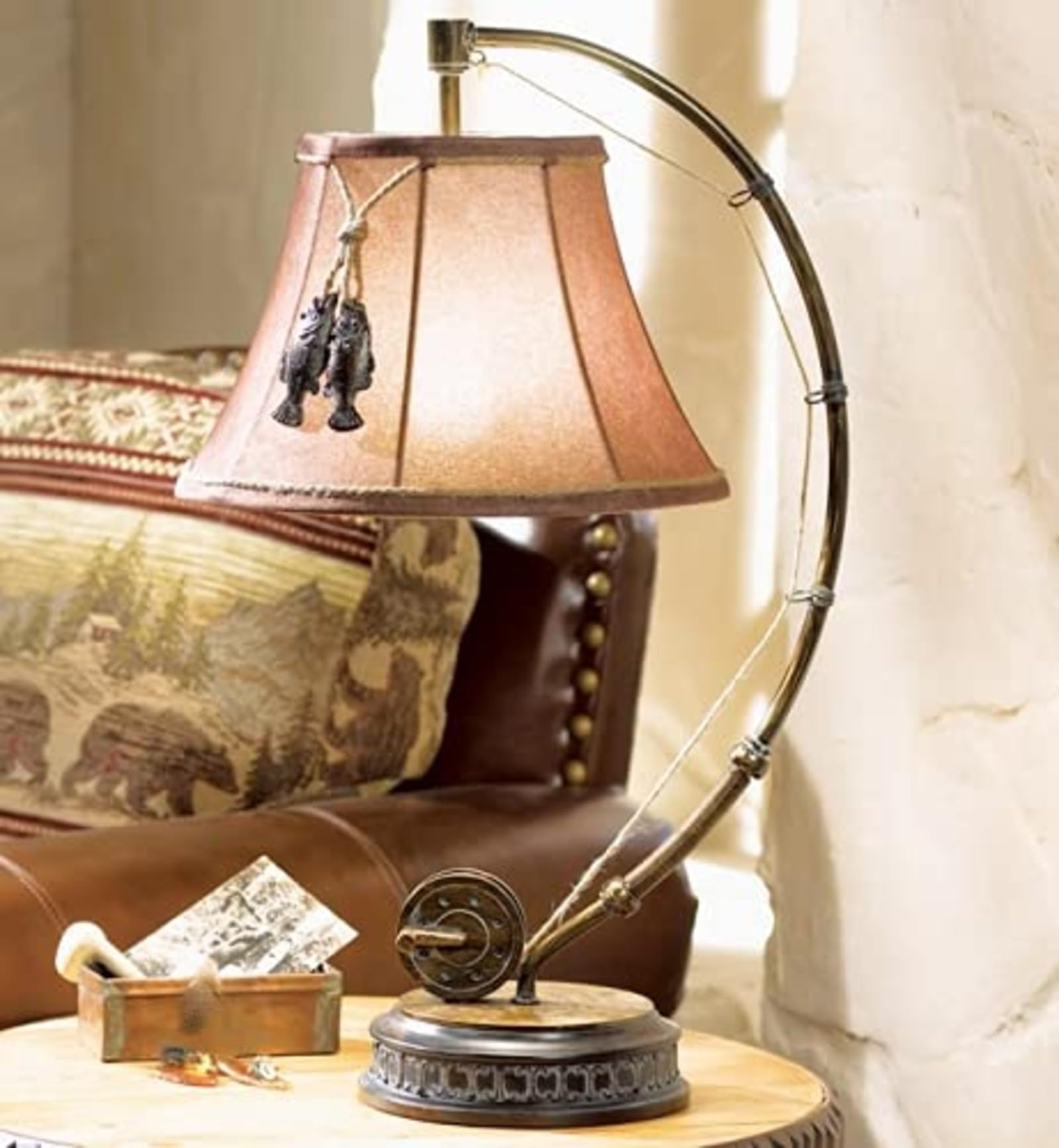 Black Forest D?or - Fishing Reel Table Lamp with Faux Moleskin Shade - Perfect Cabin & Lodge Decor - 28'' x 15'' x 13''