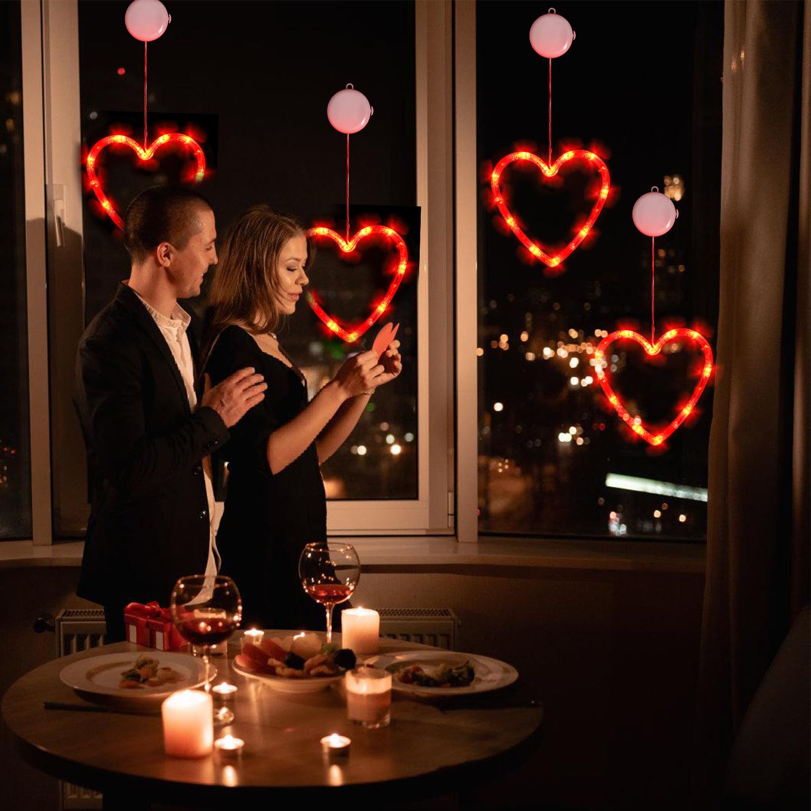3Pcs Valentine'S Day Window Lights, Red Heart Shaped Valentine'S Day Window Decorations Battery Powered Hanging Romantic Lights With Suction Cup&Timer For Valentines Day Wedding Anniversary Home Decor