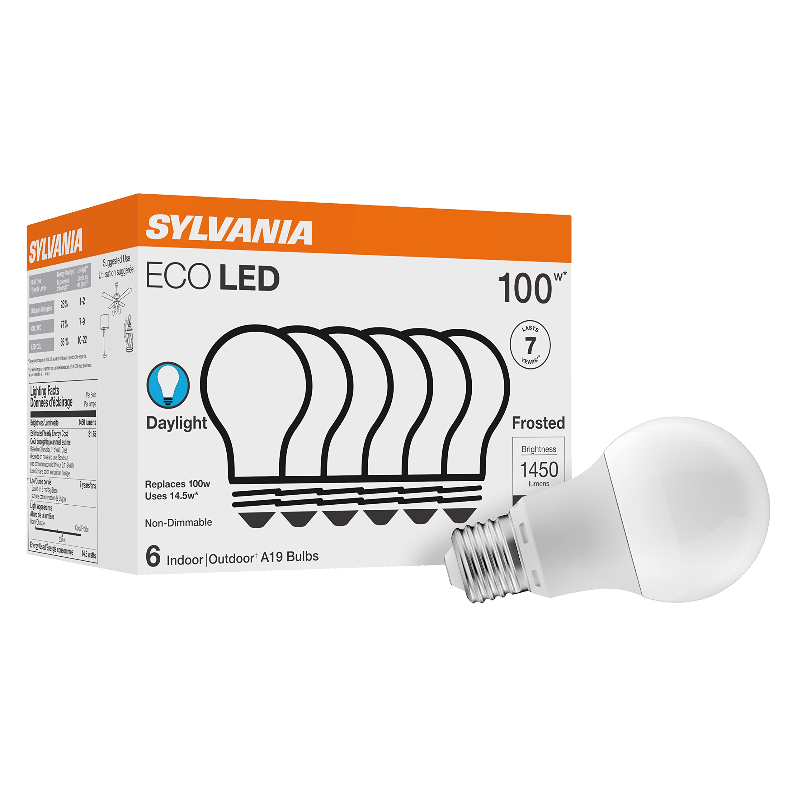 Sylvania Eco Led Light Bulb, A19, 100W Equivalent, Efficient 14.5W, 7 Year, 1450 Lumens, Frosted, 5000K, Daylight - 6 Count (Pac