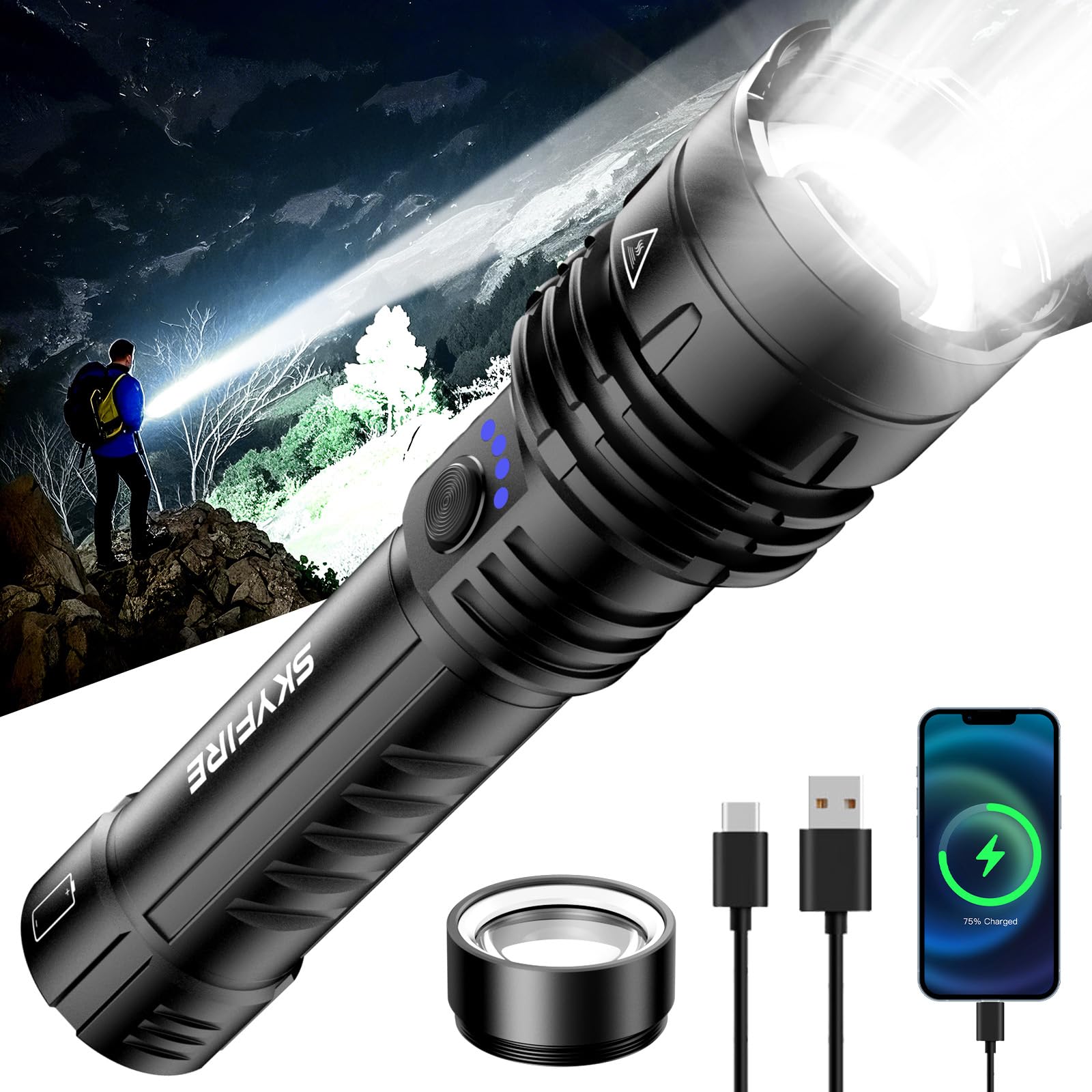 SKYFIRE 1376 LED Flashlights with Ignition Lens, Rechargeable 2000 High Lumens Super Bright Zoomable Flash Light, 5 Modes Waterp