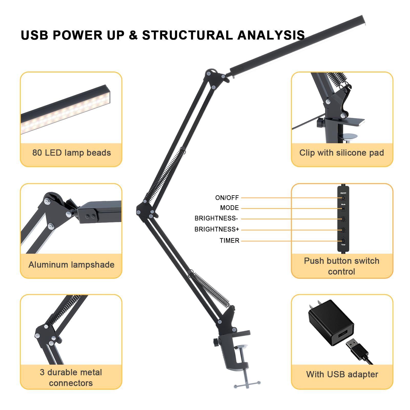 Tropicaltree Led Desk Lamp For Home Office And Round Base, Clamp-On With 5 Light Modes & Auto Shut Off | 14W Adjustable Brightne