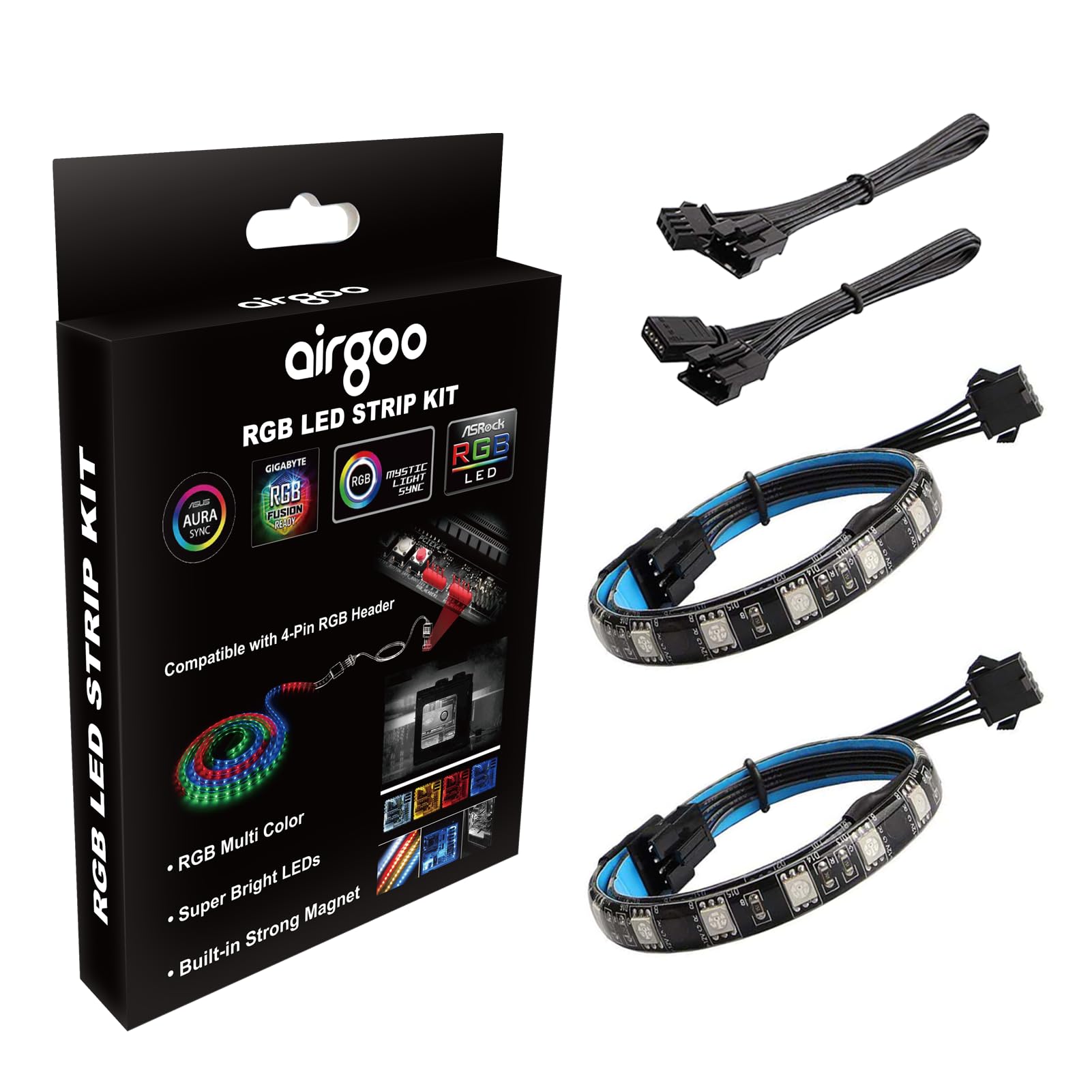 airgoo RGB LED Strip Light, 2pcs Magnetic, 12V 4-Pin, Compatible with ASUS Aura, MSI Mystic Light, Model AGMGCL0006