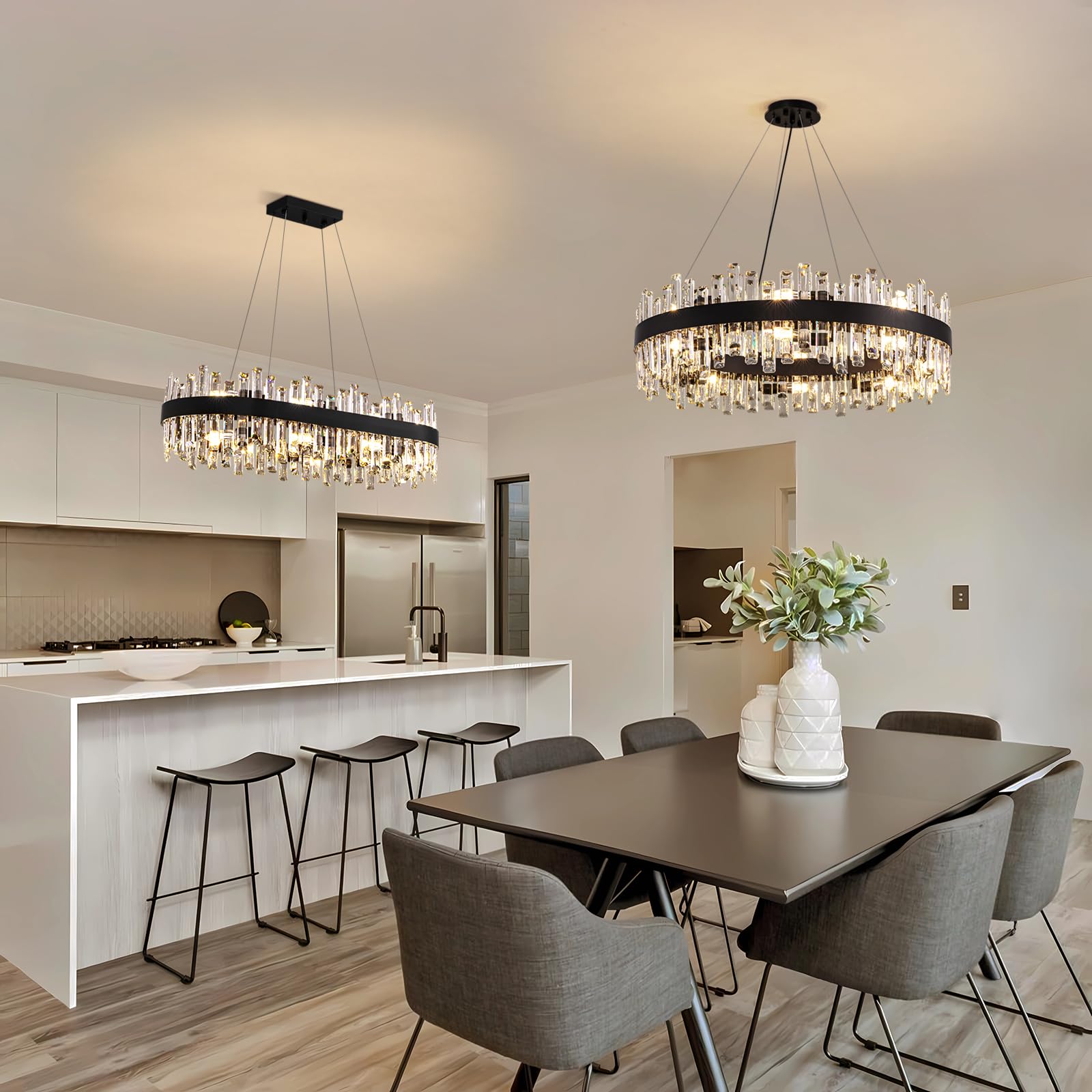 Siljoy Modern Black Crystal Chandelier 16 Lights Industrial Round 2-Tiers K9 Crystal Raindrop Chandelier Farmhouse Flush Mount P