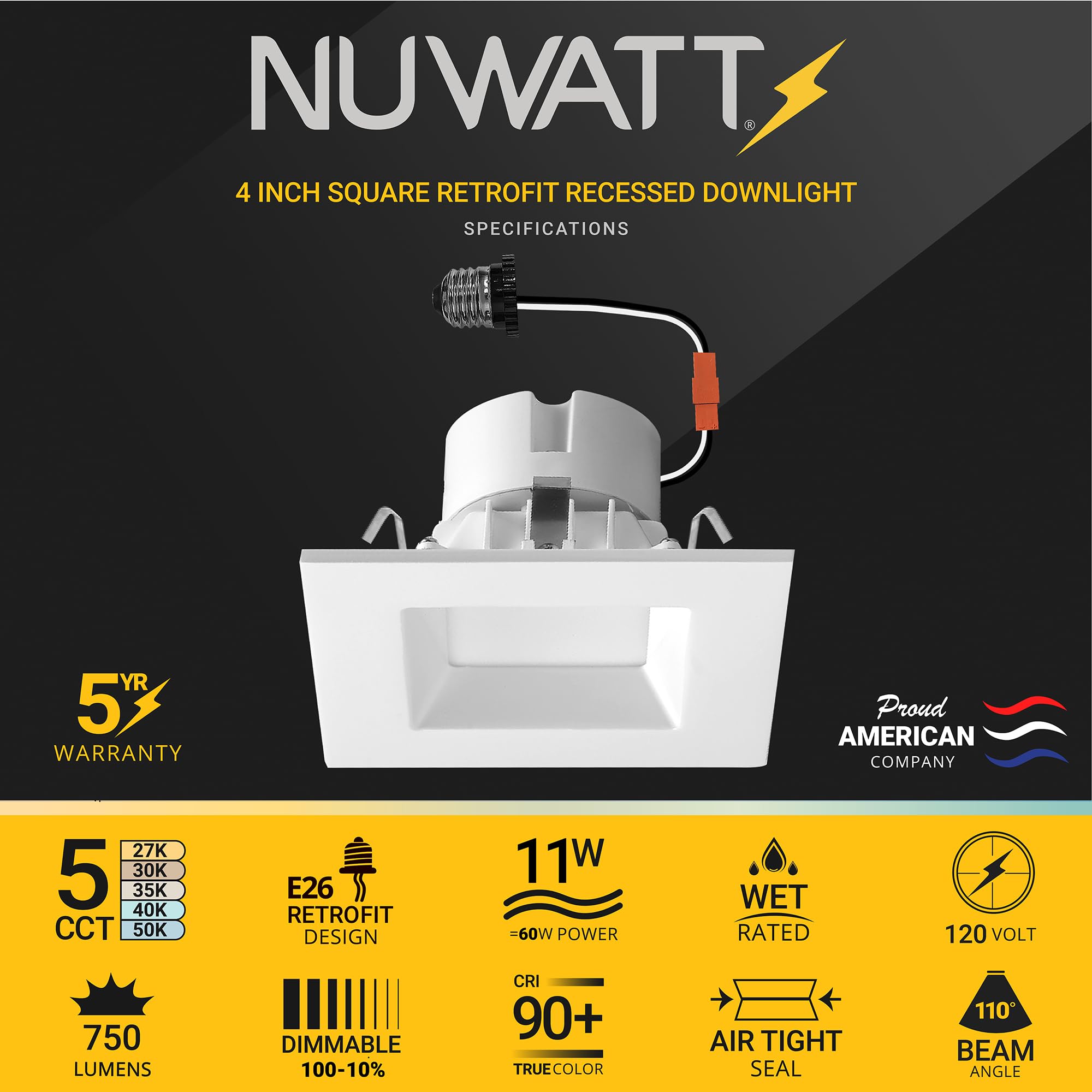 NUWATT 4 Inch Retrofit LED Square Recessed Lighting, 5CCT 2700K-5000K, Dimmable, White Trim, ETL Listed, 750 Lum