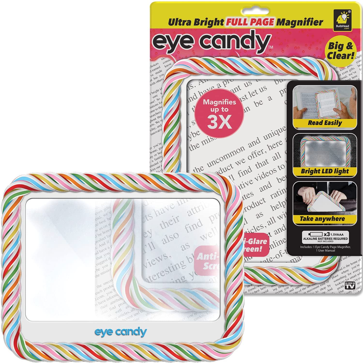 Eye Candy Magnifier Ultra Bright Full Page Magnifier & Book Light, 3X Bigger, Multi Candy Colored, Model 16251, Acrylic, Dimmable Brightness