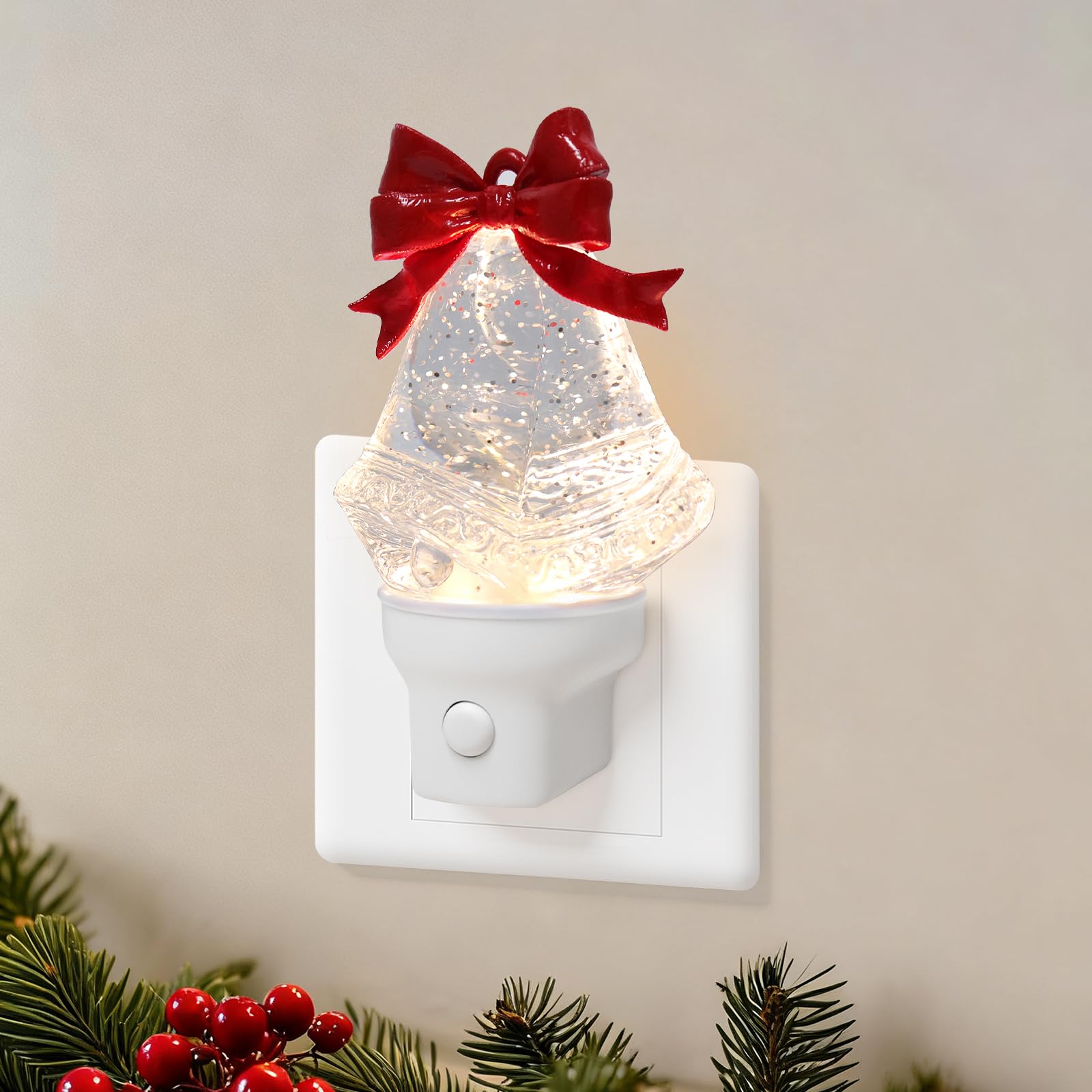 Christmas Bell Night Light Plug into Wall Glitter Water Nightlight with USB/Outlet Options  Christmas Decorative Nightlight for Bedroom Kitchen Nursery Hallway Holiday Decorations Gifts (Bell)