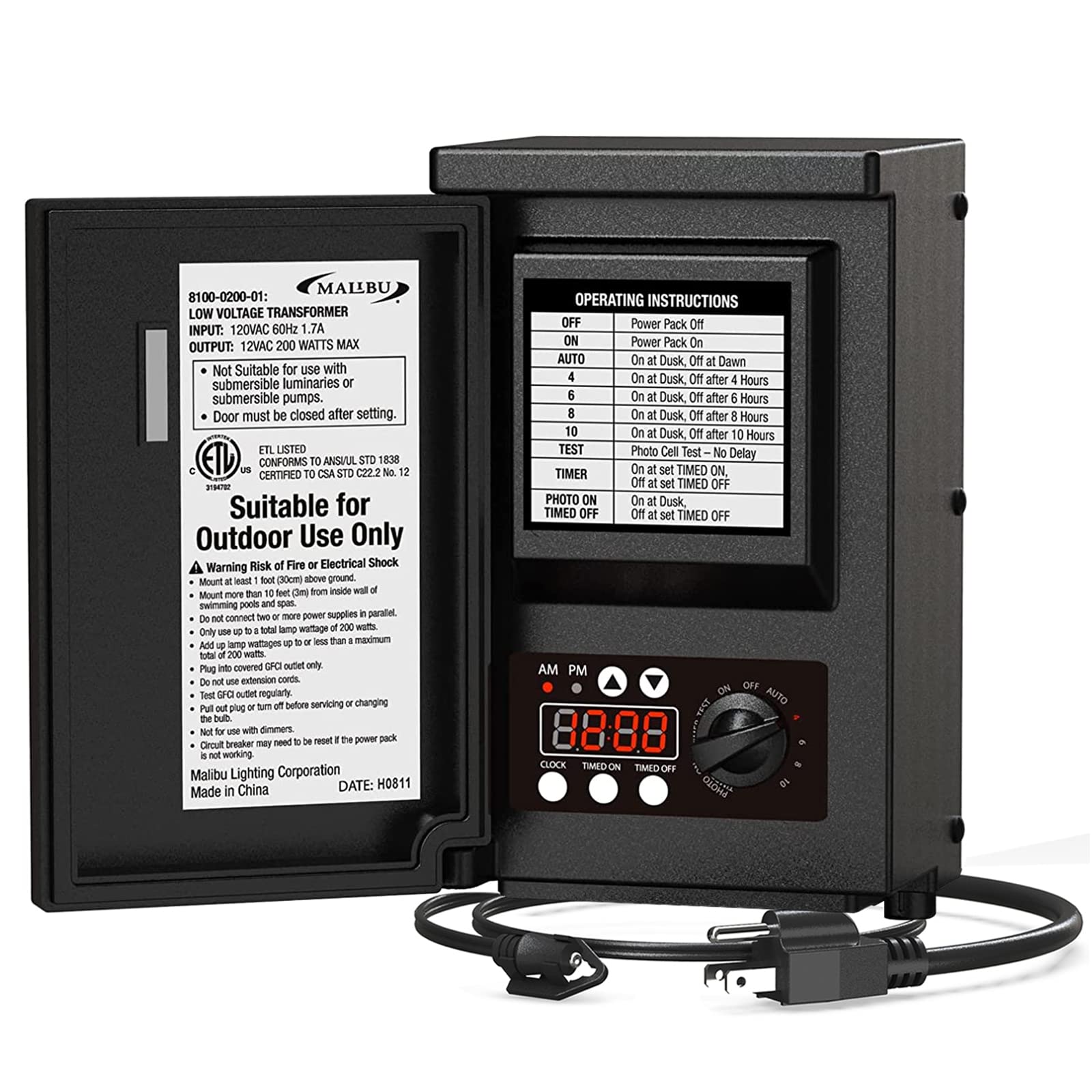 Malibu 200W Power Pack Low Voltage Transformer Outdoor Lighting Transformer with Photo Sensor and Timer, Weatherproof for Outdoor Low Voltage Landscape Light, Spotlight, Pathway Light 8100-0200-01