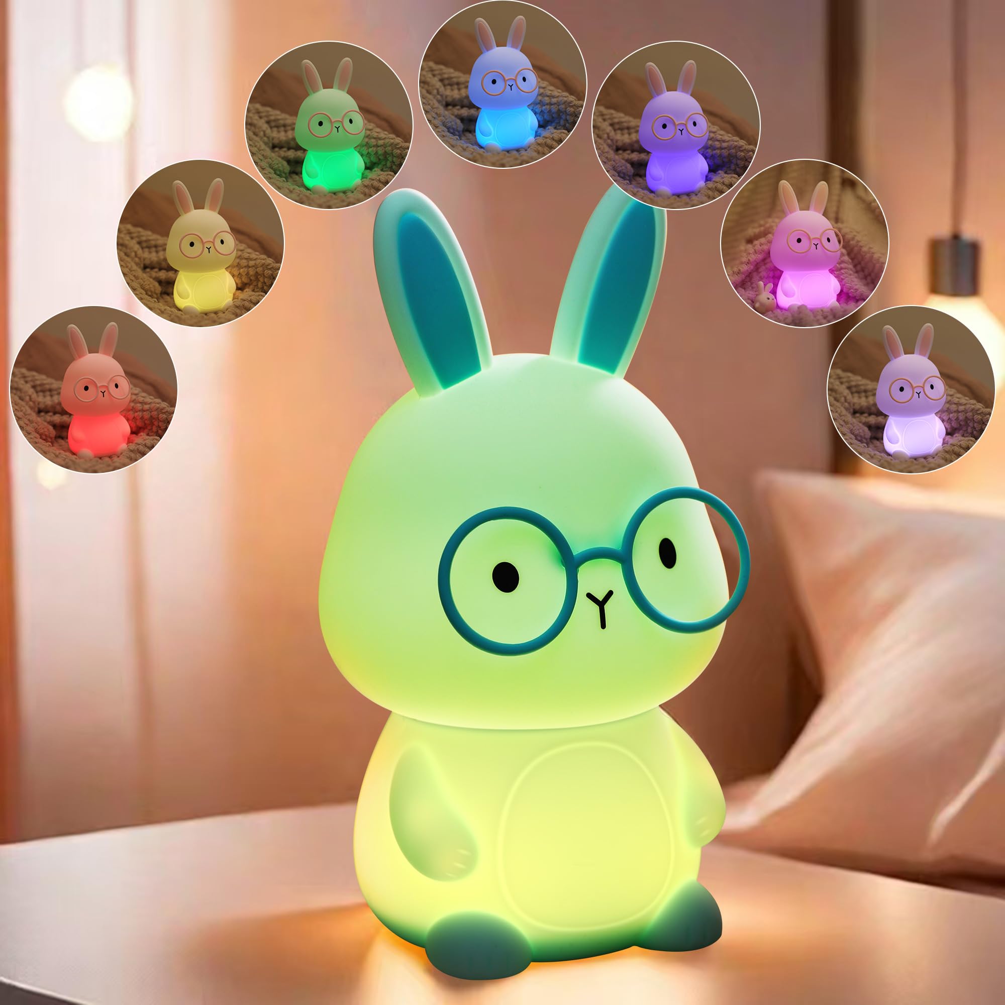 Bunny Night Light for Kids, Soft Silicone Nursery Lamp, 7-Color Glow, 3-Level Dimmable Warm Light, Tap Control, 30Min Timer, Rec