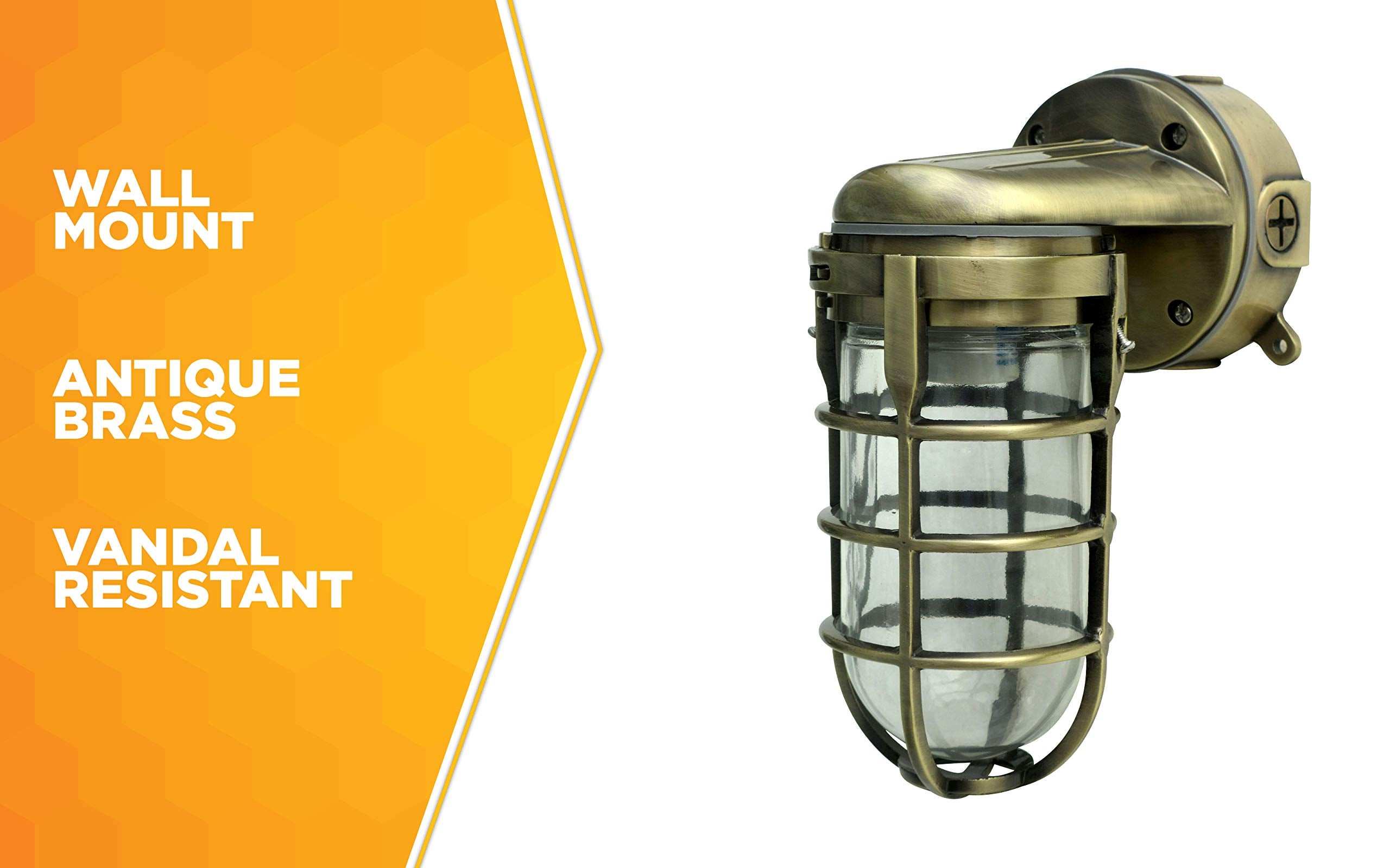Woods L1707SVAB Industrial 100W Wall Mount Light, Antique Brass, Metal Die Cast, Tempered Glass, Indoor/Outdoor Use, One Size