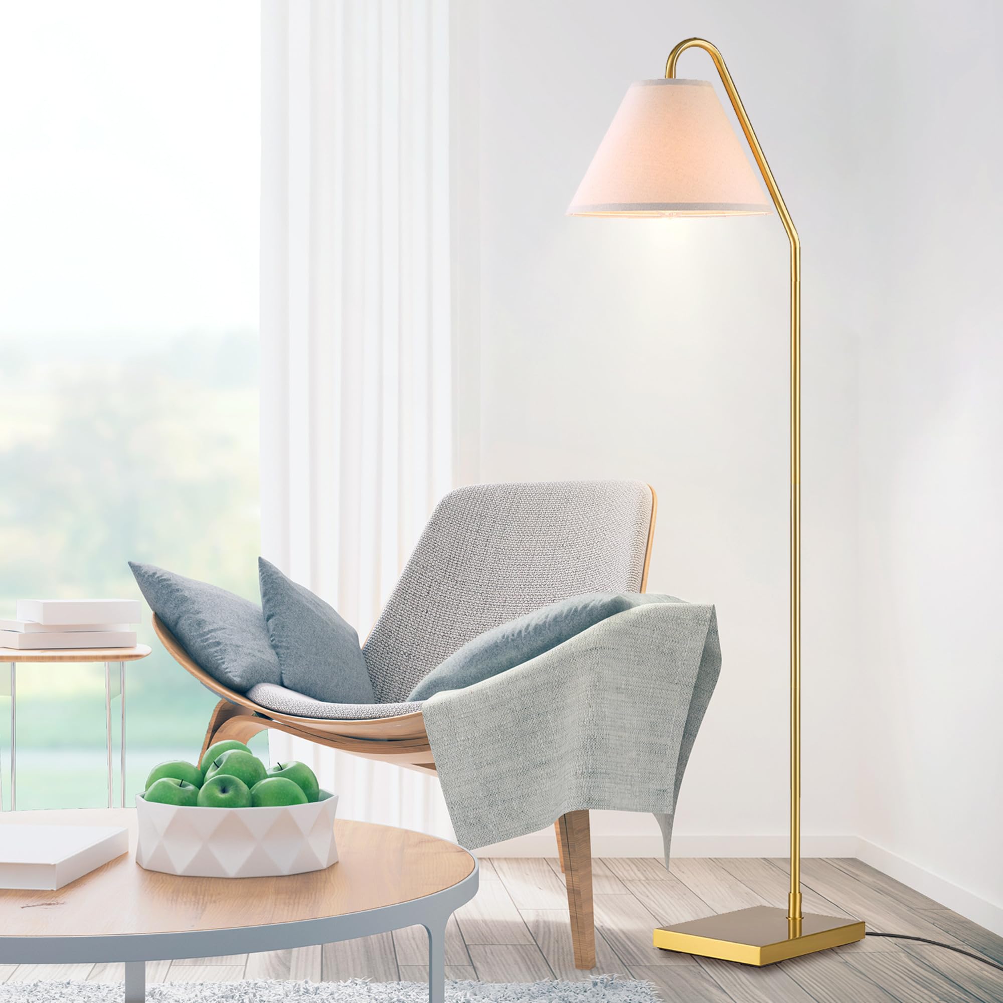 Globe Electric 61000147 62'' Floor Lamp, Matte Brass, Beige Fabric Shade, On/Off Rotary Switch On Socket, 6-Foot Clear Cord, Rea