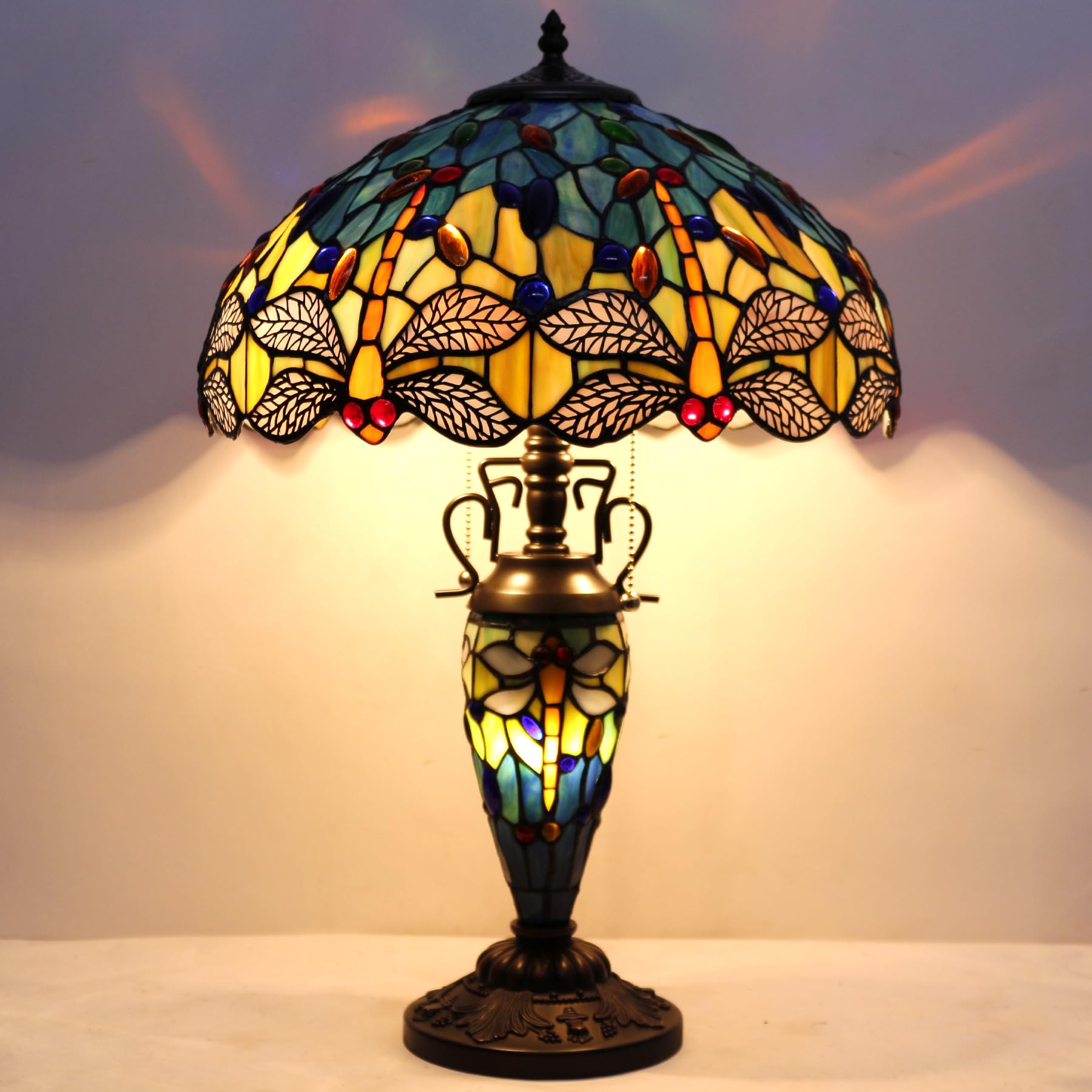 WERFACTORY Tiffany Table Lamp, Dragonfly Design, Glass, 16x16x24 Inches, Blue Yellow, S128 Series