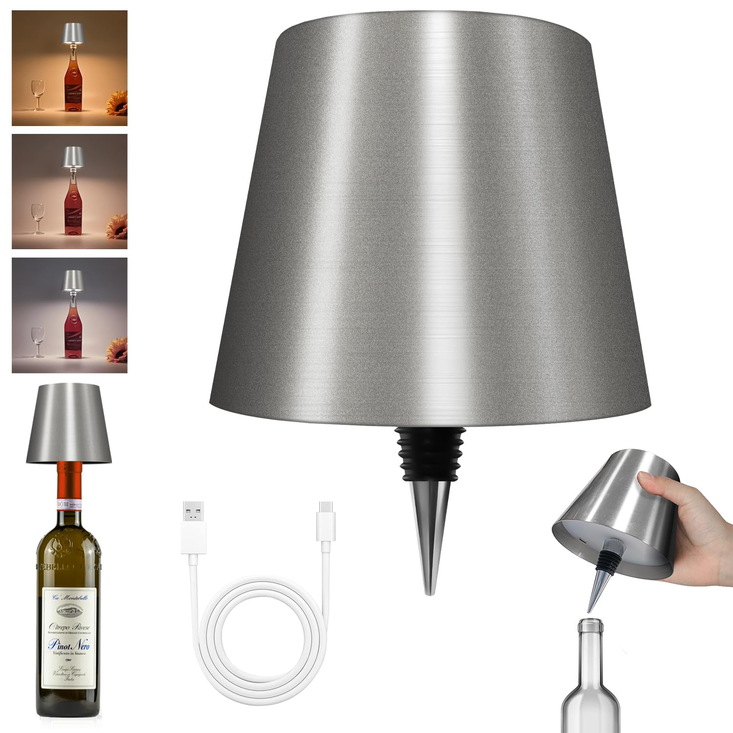 Hoide Wireless Bottle Lamp - LED Touch-Dimmable Night Light Kit, 5.7in, Silver