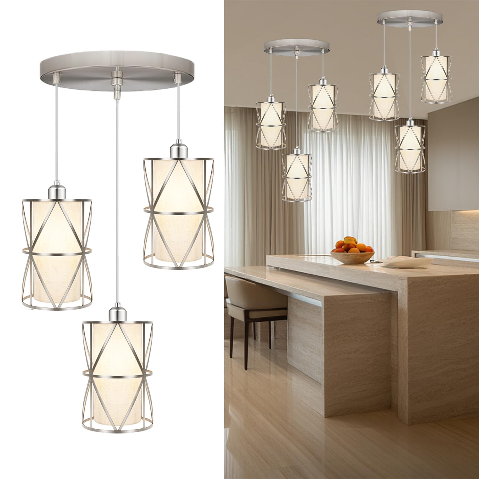 Zlierop 3-Light Chandelier, Adjustable Height Pendant Light, Metal + Linen, Linen/Nickel