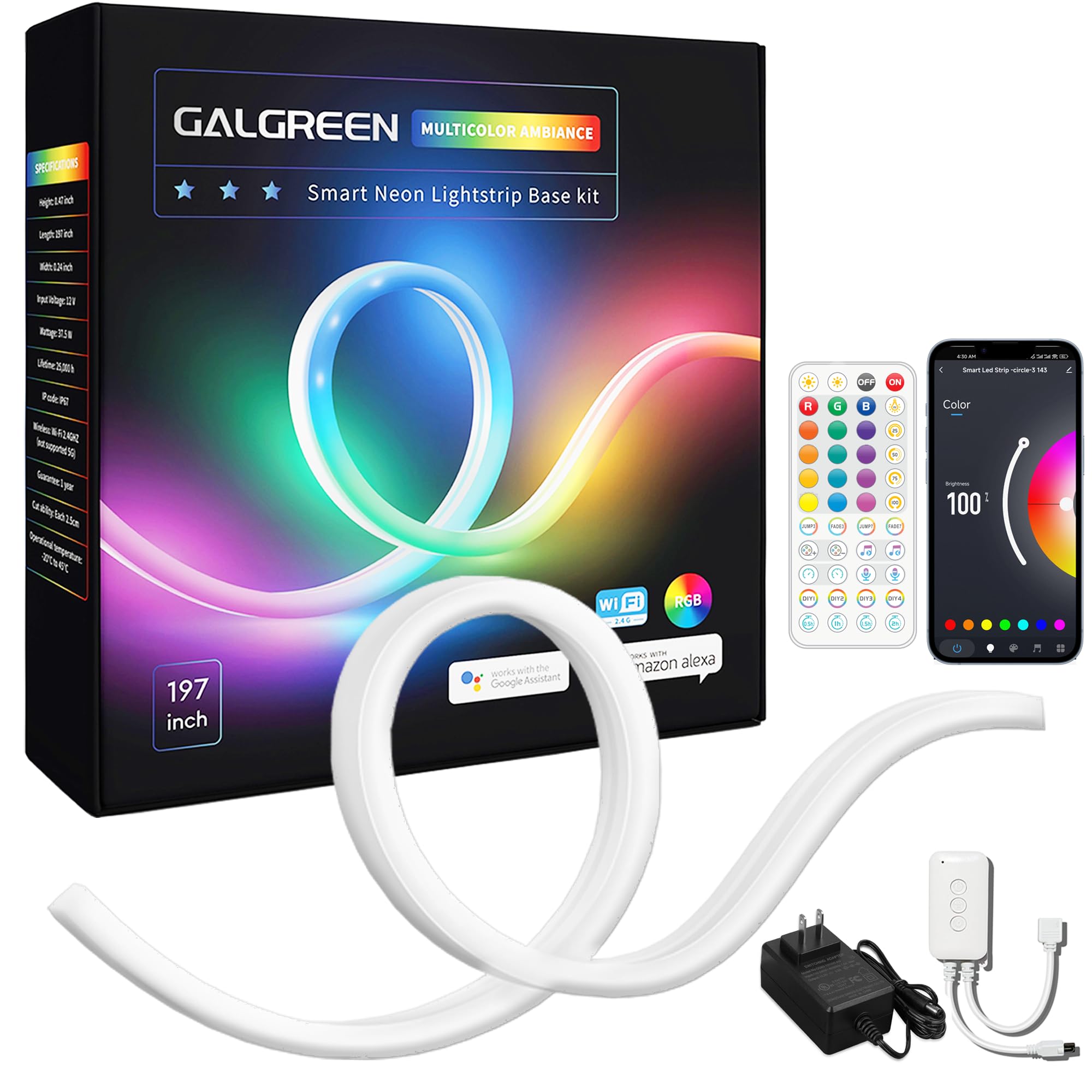 Galgreen 16.4Ft Wifi Rgb Rope Lights With Music Sync, Waterproof Flexible Dimmable Smart Led Strip Lights For Bedroom With Remot