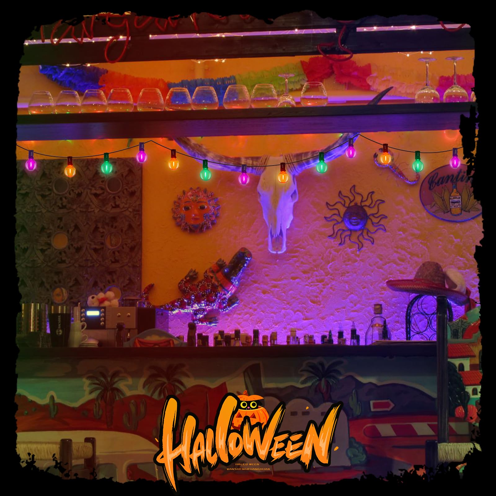 GOOTHY LED Outdoor String Lights 25Ft, 27 Shatterproof Globe Bulbs, Orange/Purple/Green Halloween Decorations