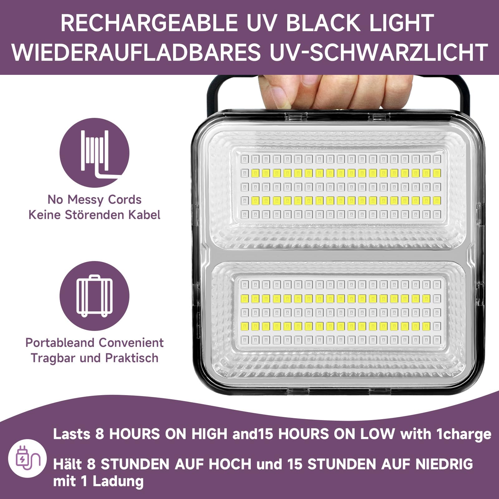 Winniw 9600 Mah Rechargeable Black Light, Dimmable Uv Light, 200 Led 395 Nm Uv Flashlight Camping Blacklight, Halloween, Body Painting, Uv Paint, Fluorescent Effect