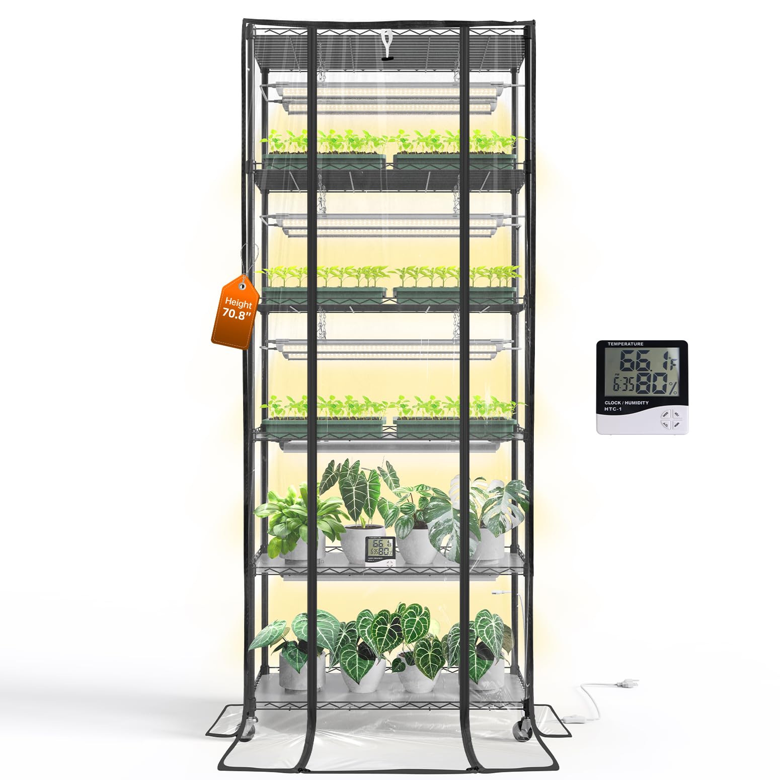 Bstrip DIY Plant Shelf with Grow Lights and EVA Greenhouse Cover, Plant Stand with Adjustable Rack and Wheels, 8-Pack 192W T8 30