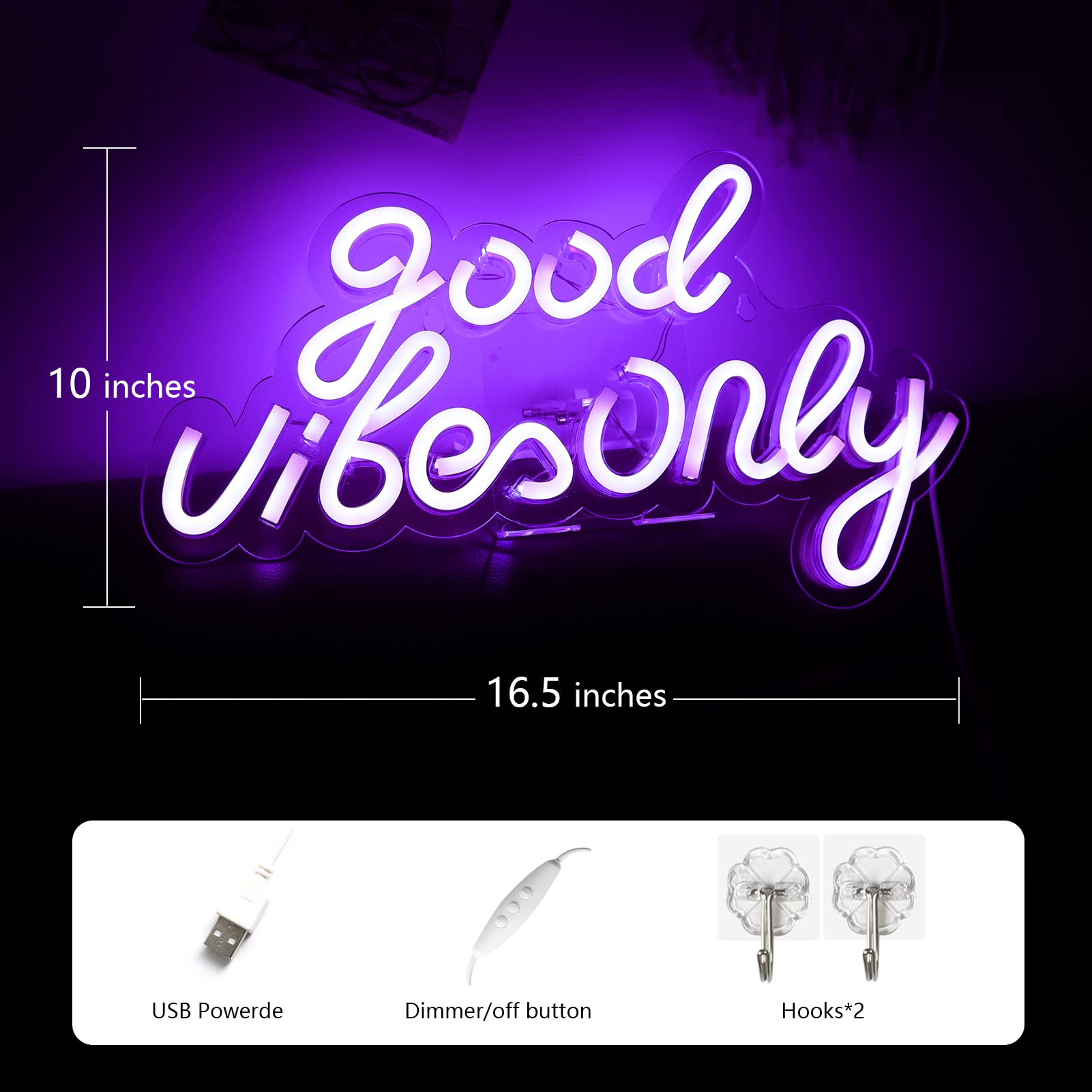 JFLLamp Good Vibes Only Neon Sign - 16.5" x 10" Purple LED Wall Decor, Plastic, Model GBO-Purple, Perfect for Bedroom and Parties