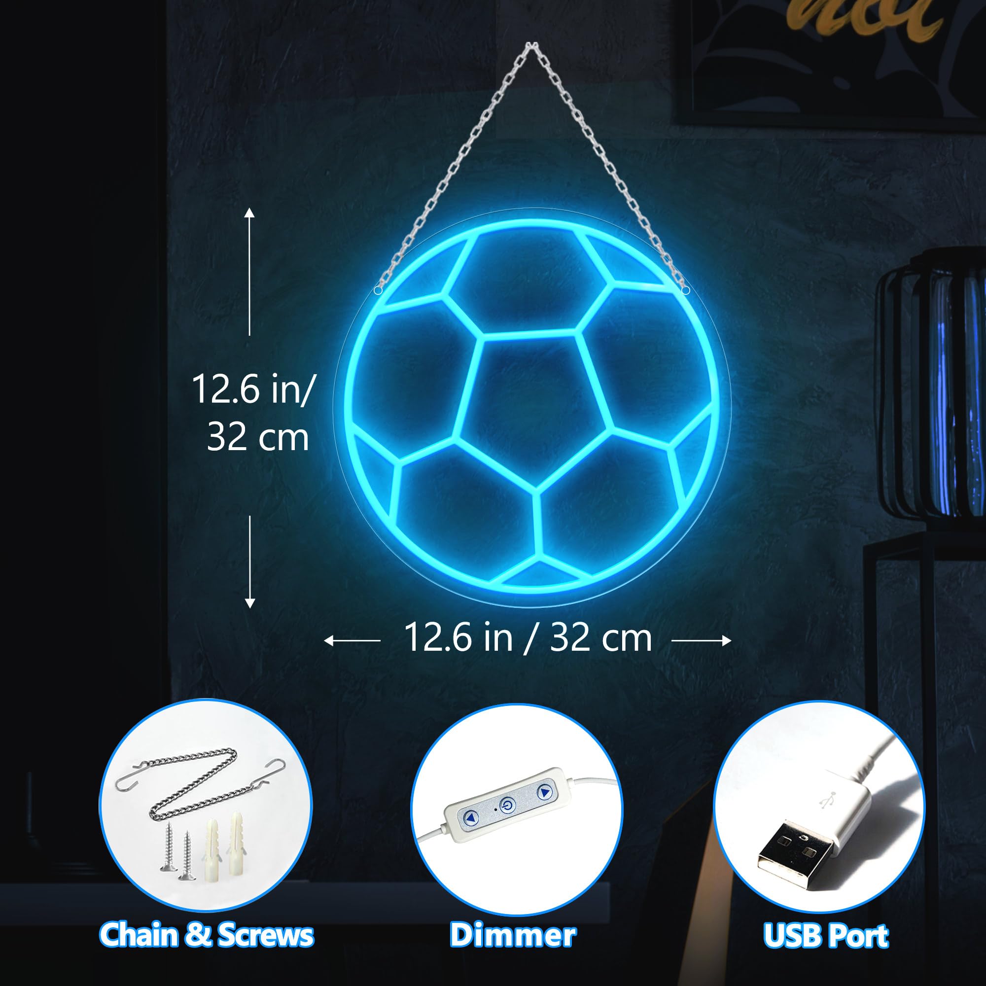 CULOIS Soccer Neon Sign - Dimmable LED Wall Decor Light, USB Powered, Acrylic, Football Design, Perfect for Kids Room and Holiday Gifts