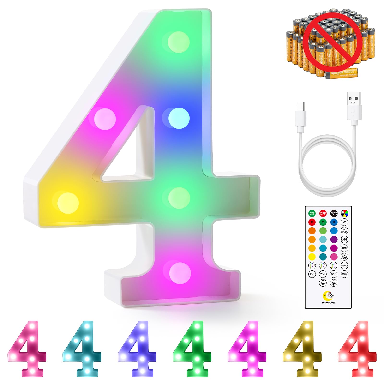 mooncow Rechargeable Light Up Letters,Colorful Marquee Letters with Remote,Gift Wrap Gifts,Bedroom Home Bar Party Decor (4)