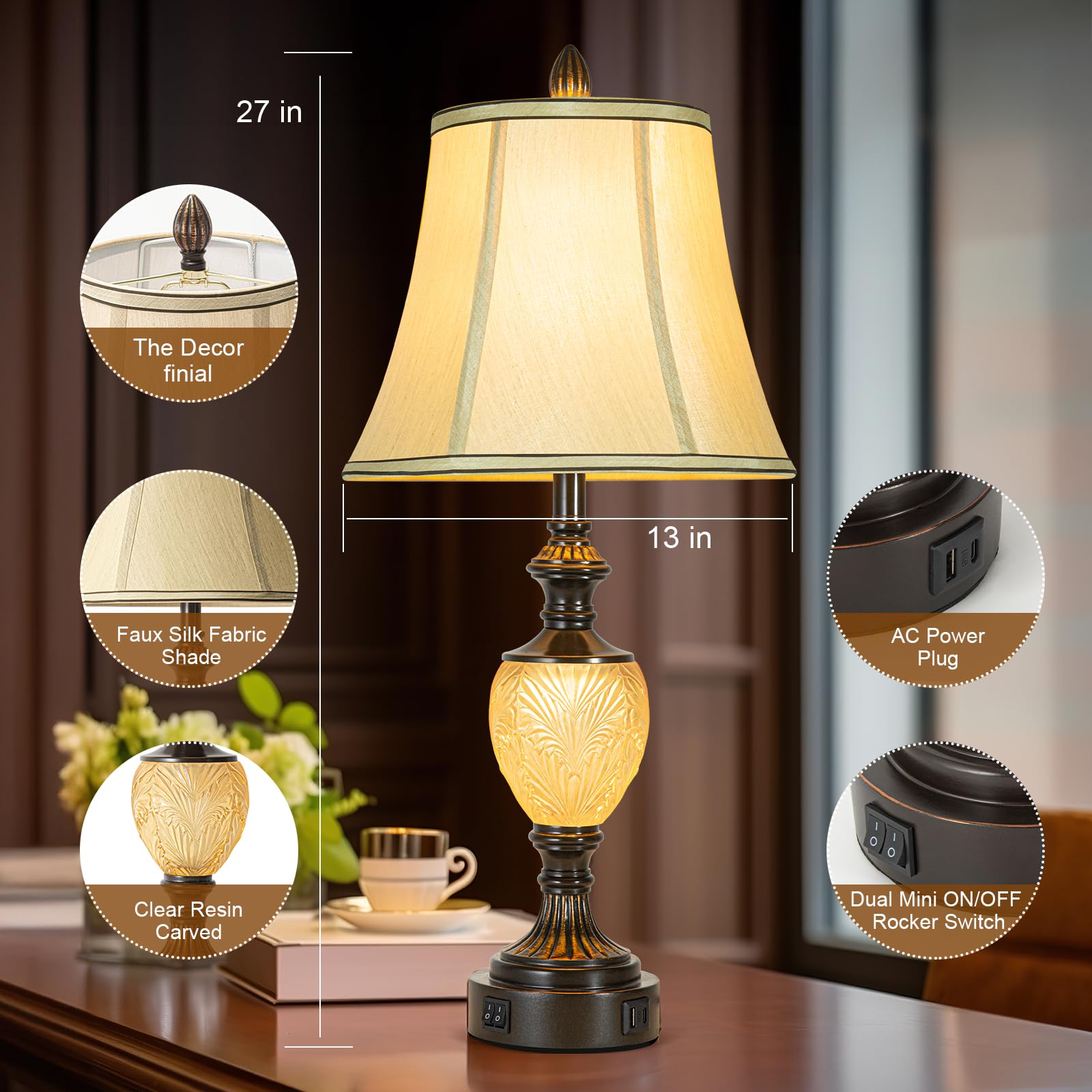 LuxSight Collection 27'' High Vintage Table Lamp Set of 2, Dark Brown, Fabric Shades, USB Nightlight, Model PL8018 for Living Room & Bedroom