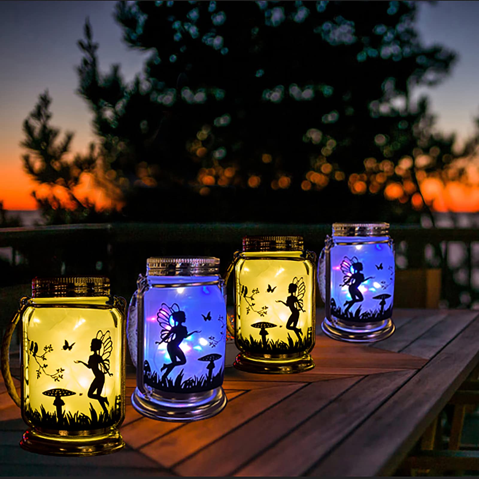 Angmln Solar Fairy Lantern Mason Jar Light- 4 Pack Ourdoor Fairies Decorations Gifts Hanging Lamp Frosted Glass Jar With Stake F