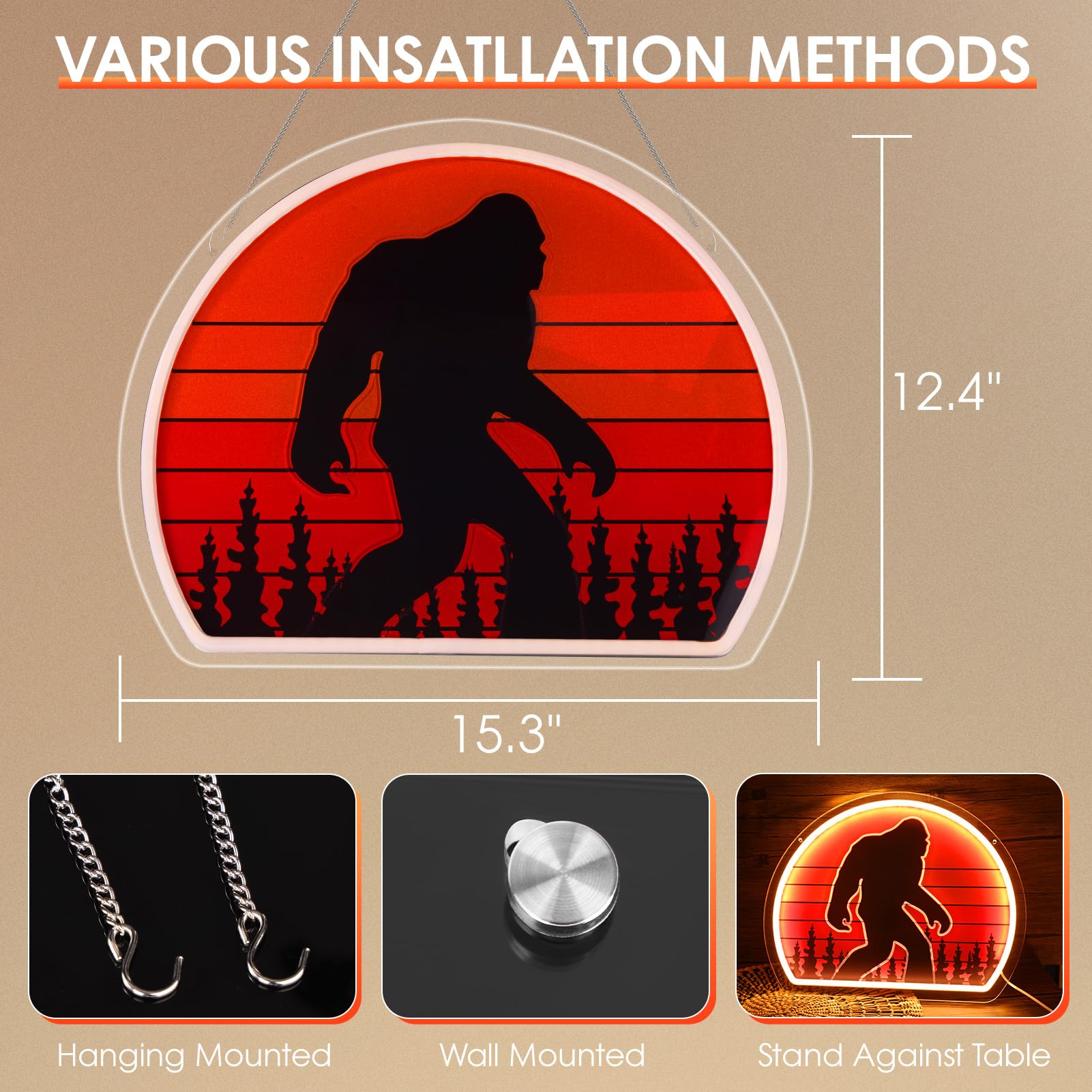 ReyeeInc Bigfoot Neon Sign - USB Powered Acrylic Wall Art, Warm White, 12.4x15.3 inches, Unique Sasquatch Gift for Adults and Kids