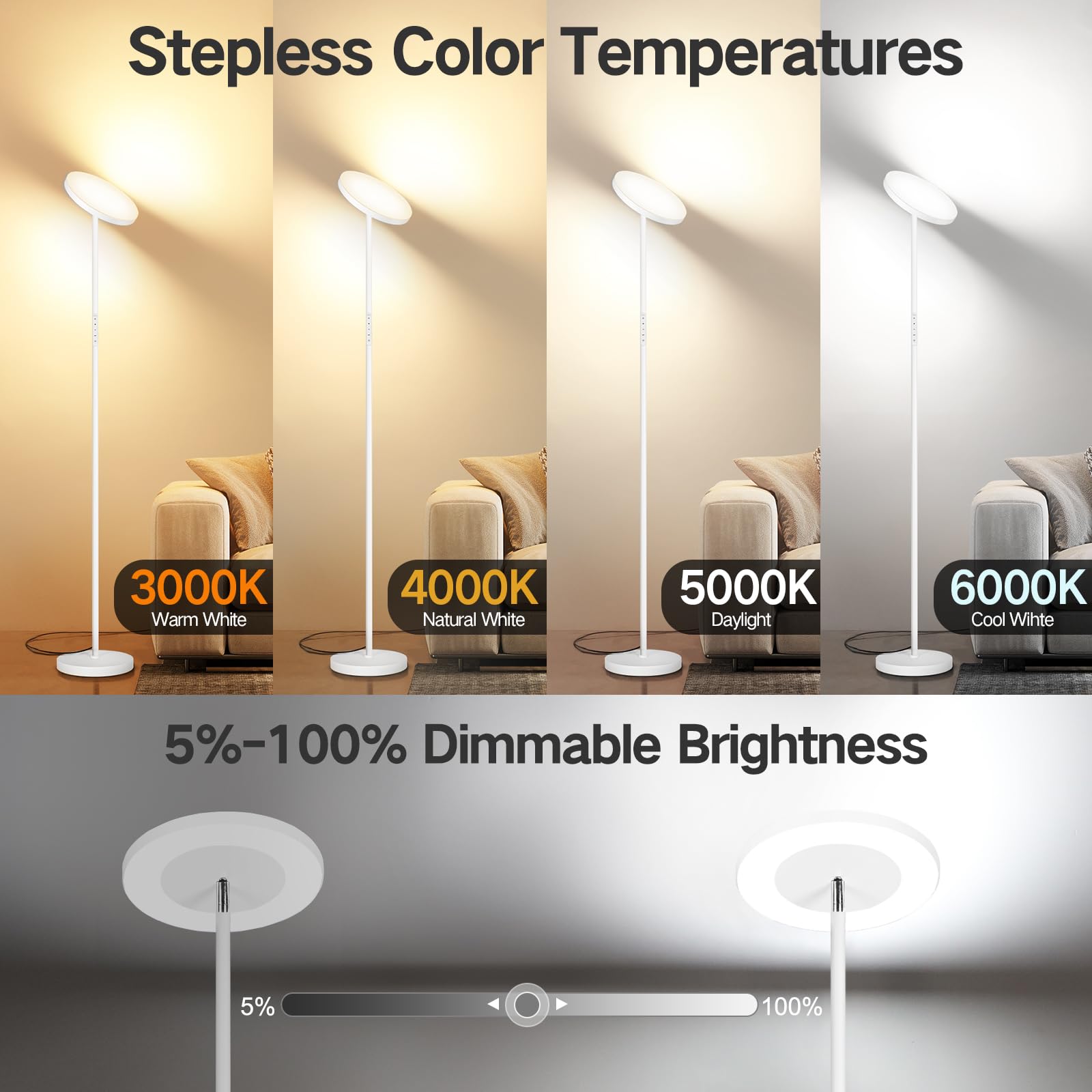 Outon Led Torchiere Floor Lamp, Super Bright Dimmable Tall Standing Lamp With Remote Touch Control, 4 Color Temperatures, 1-Hour