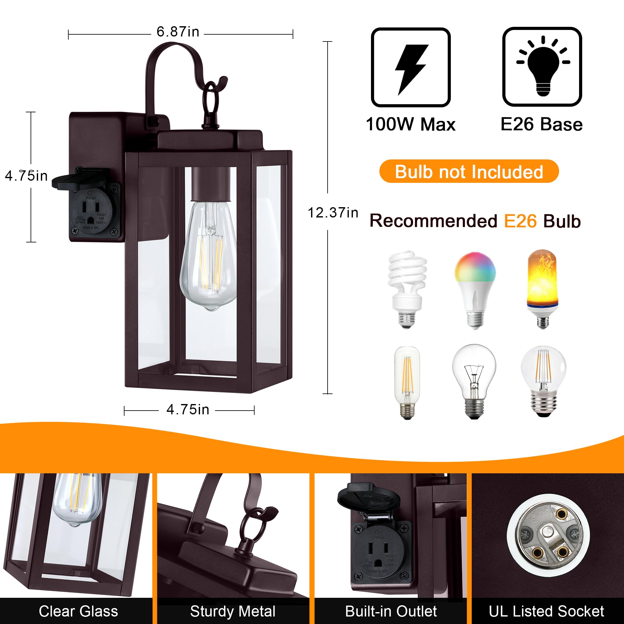 Vuaa 2 Pack Porch Lights With Ul Certified Outlet, Modern Outdoor Wall Sconces Exterior Lighting Fixtures Waterproof, Outside Li