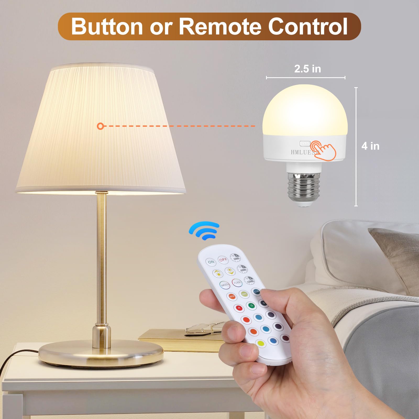 HMLUESR Rechargeable LED Light Bulbs, 300LM, 15 RGB Colors, Dimmable, E26 Base, 3600mAh, 2 Pack, ABS Material