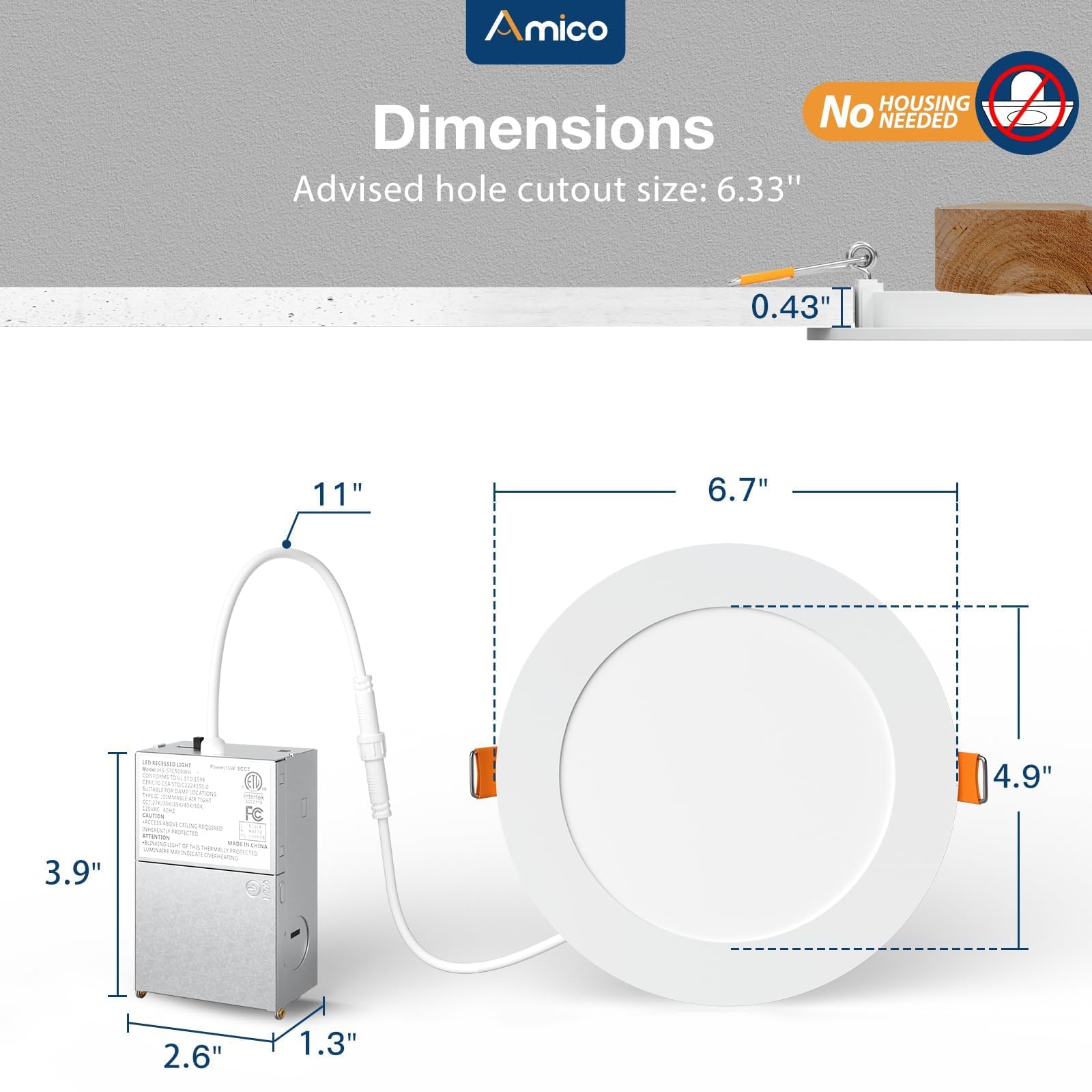Amico 6 Pack 6 Inch Ultra-Thin LED Recessed Ceiling Light, 5CCT 2700K-5000K, Dimmable, 1050 Lumens,