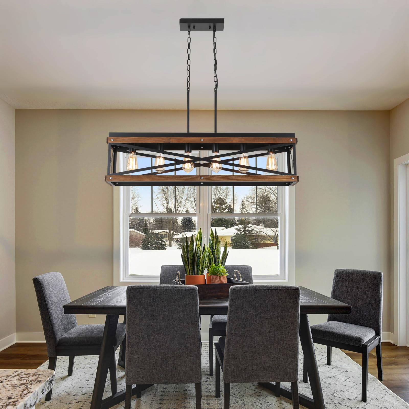 Rustic Farmhouse Wood Kitchen Island Lighting  6 Lights Rectangular Pendant Light Fixture  Adjustable Chain Oak Wood And Metal Linear Chandelier For Dining Room Kitchen Island Farmhouse  Black