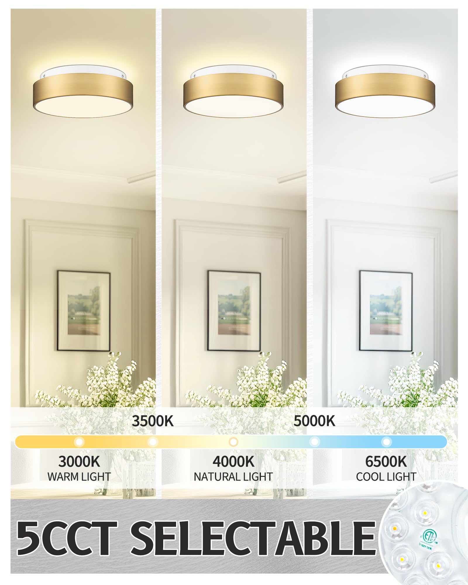 Autelo Led Close To Ceiling Light Fixture 12'' Led 18W Flush Mount Ceiling Light Fixtures With Frosted Glass Shade In Brass Fini