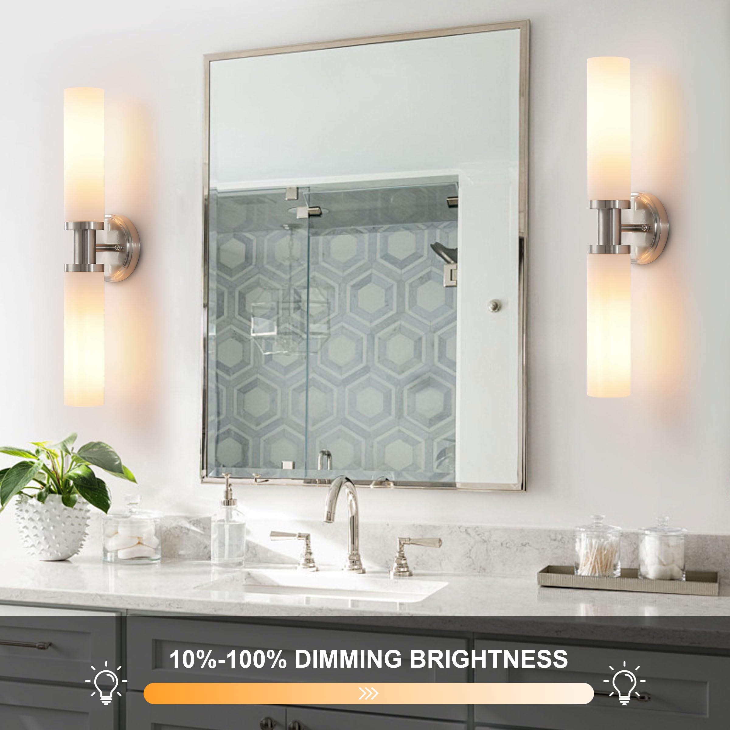KUZZULL Wall Sconces Set of 2, Brushed Nickel, White Glass, Modern Lighting for Bathroom, Living Room, Hallway, Bedroom