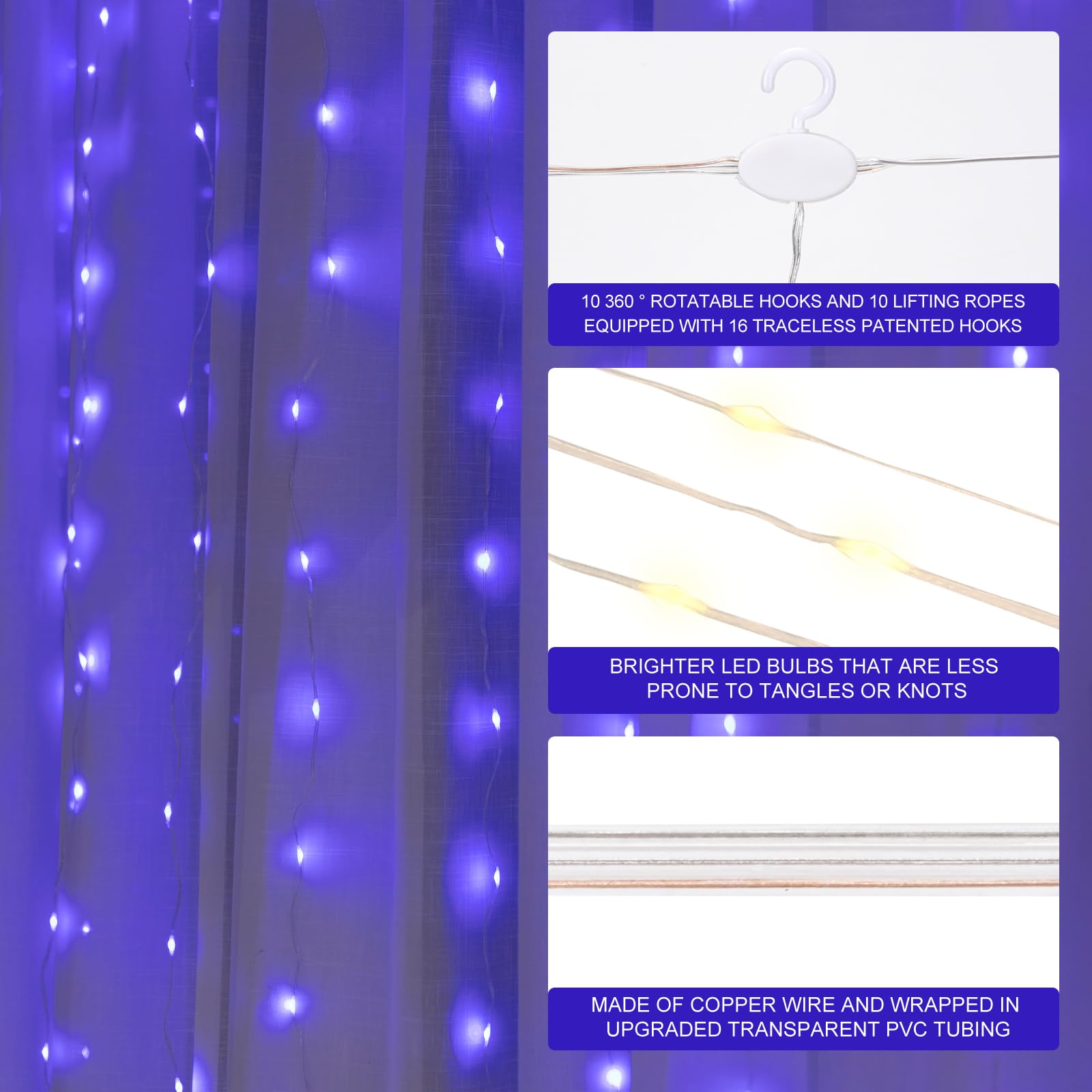 Sinamer Blue Pixie Curtain Light, 9.8Ft X 9.8Ft Untangled Copper Wire String Lights, Usb Powered Hanging Window Fairy Lights, 8 Lighting Modes, Remote Control For Home Christmas Wedding Party