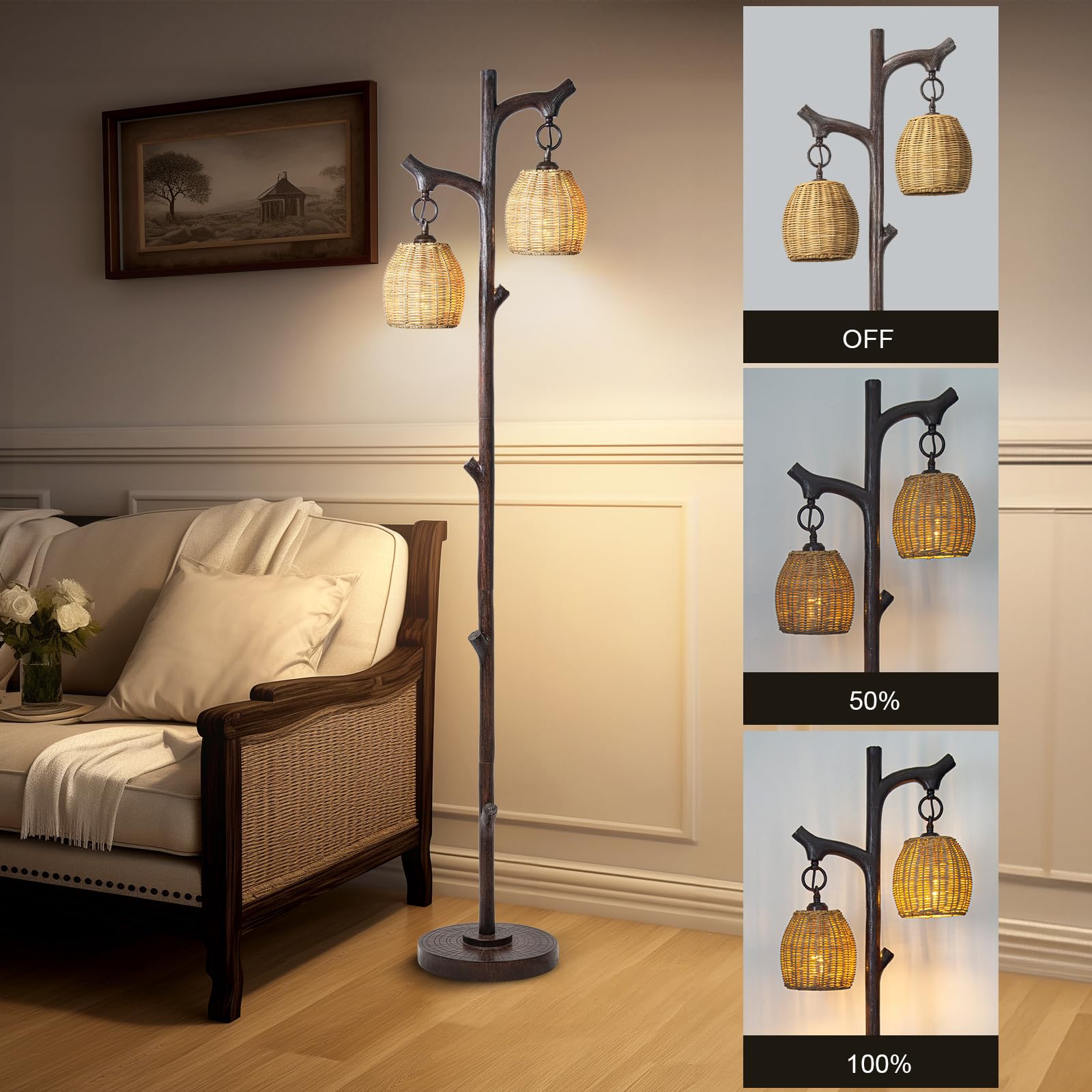 Scenekoy 68" Rustic Farmhouse Floor Lamp - Dark Bronze Faux Wood Column with Wicker Drum Shade for Living Room & Bedroom Decor
