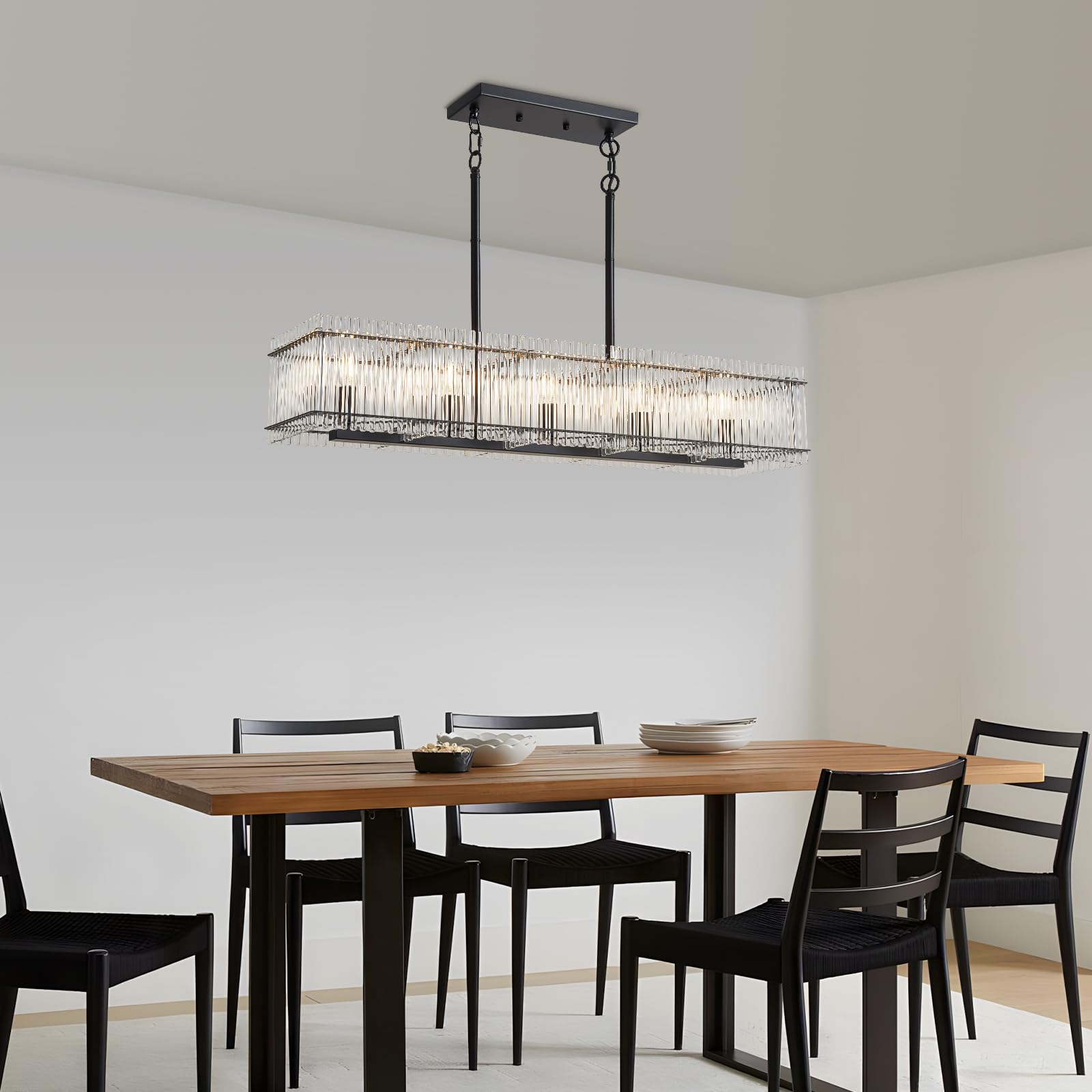 Lanhall 5-Light Modern Crystal Chandelier Luxury Black Dining Room Light Fixture Over Table Rectangle Farmhouse Hanging Pendant