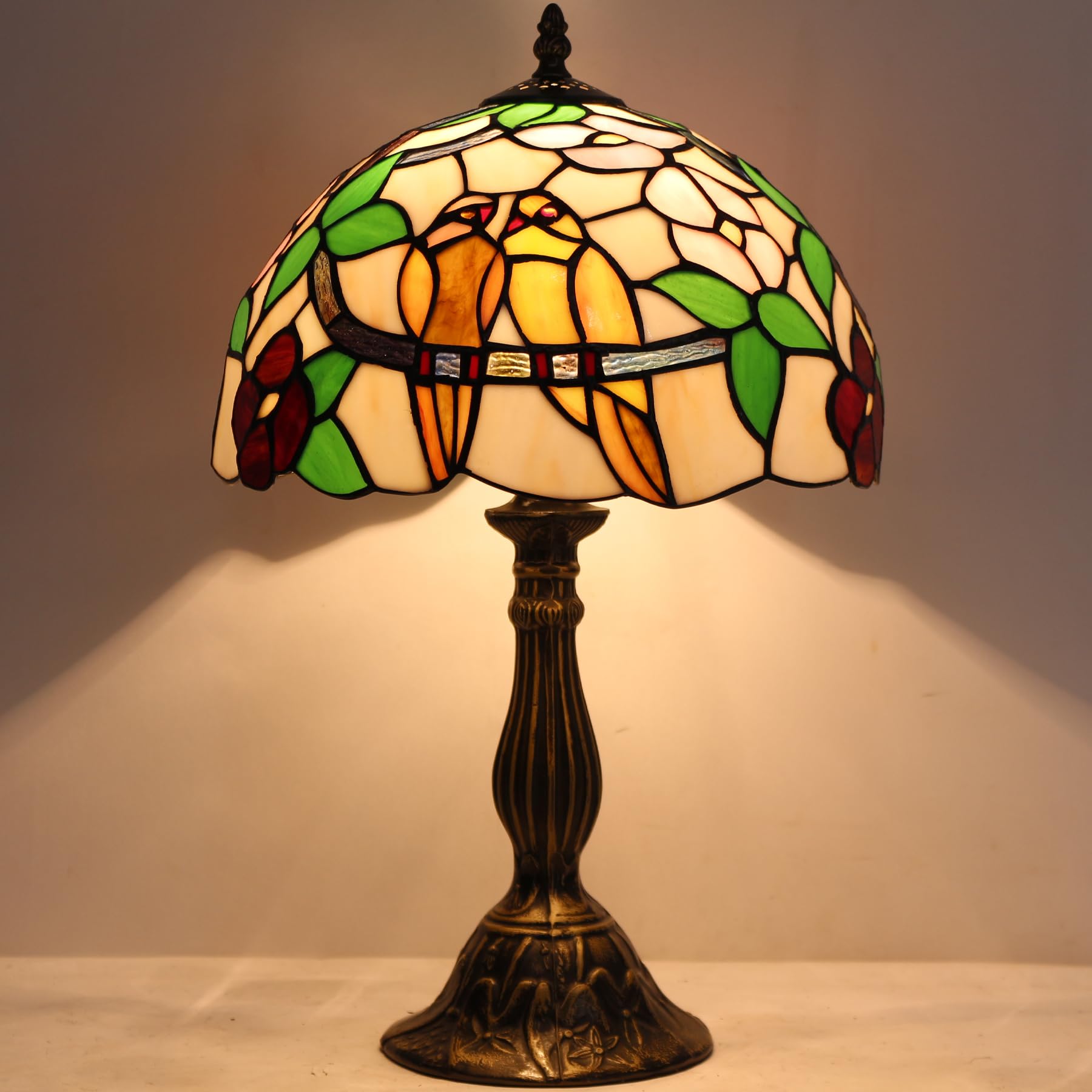 WERFACTORY Tiffany Table Lamp, Stained Glass Bedside Light, 12x12x18 Inches, Double Tropical Birds S803 Series