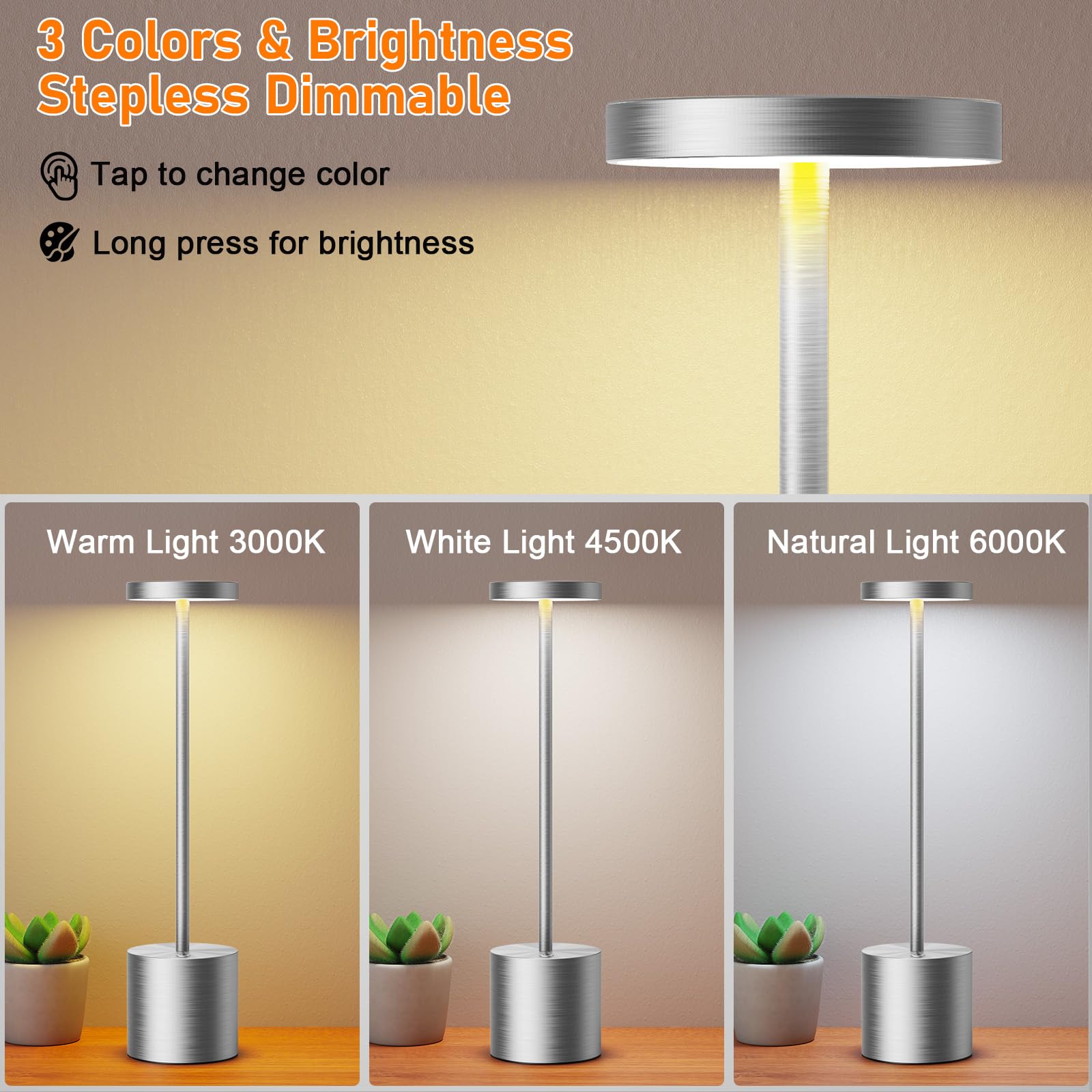 SAKRINGT Cordless LED Table Lamps, 6000mAh Battery, 2 Pack, Silver, Model S801