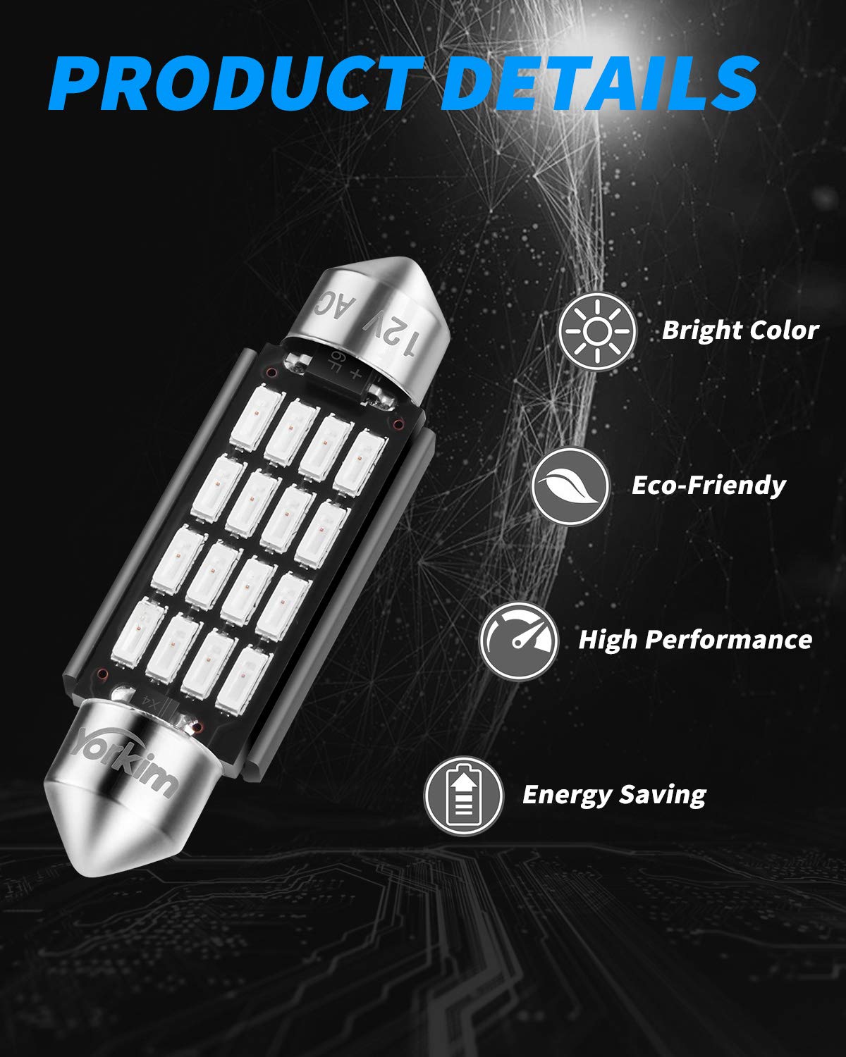 Yorkim Super Bright 578 Festoon Led Bulb Blue 16-Smd 4014 Chipset 212-2 Dome Light Led, 41Mm 42Mm Led Bulb Canbus Error Free, Le