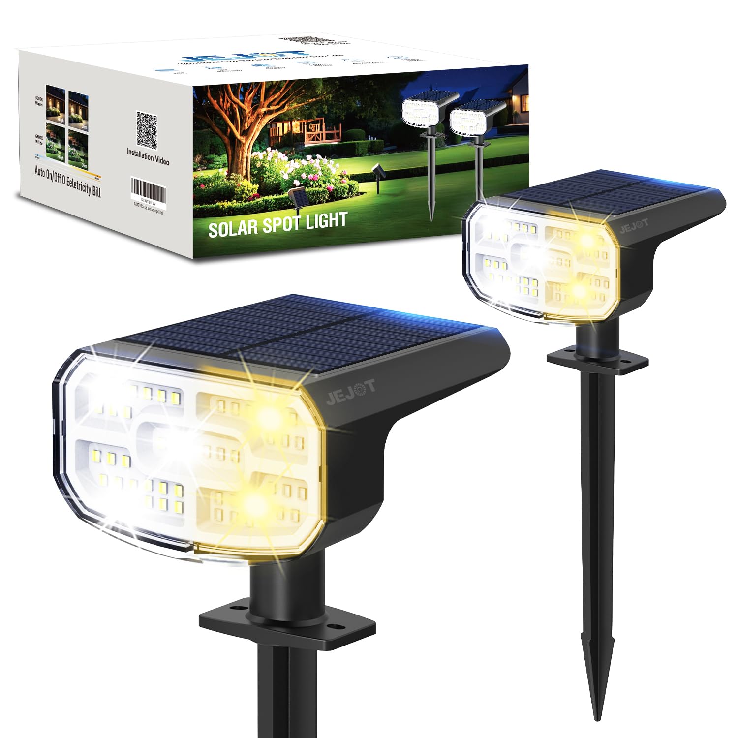 JEJOT Solar Spotlights  Super Bright LED  2 CCT Warm & Cool Light  Solarspot Lights for Outside Landscape Auto On/Off -2 Pack