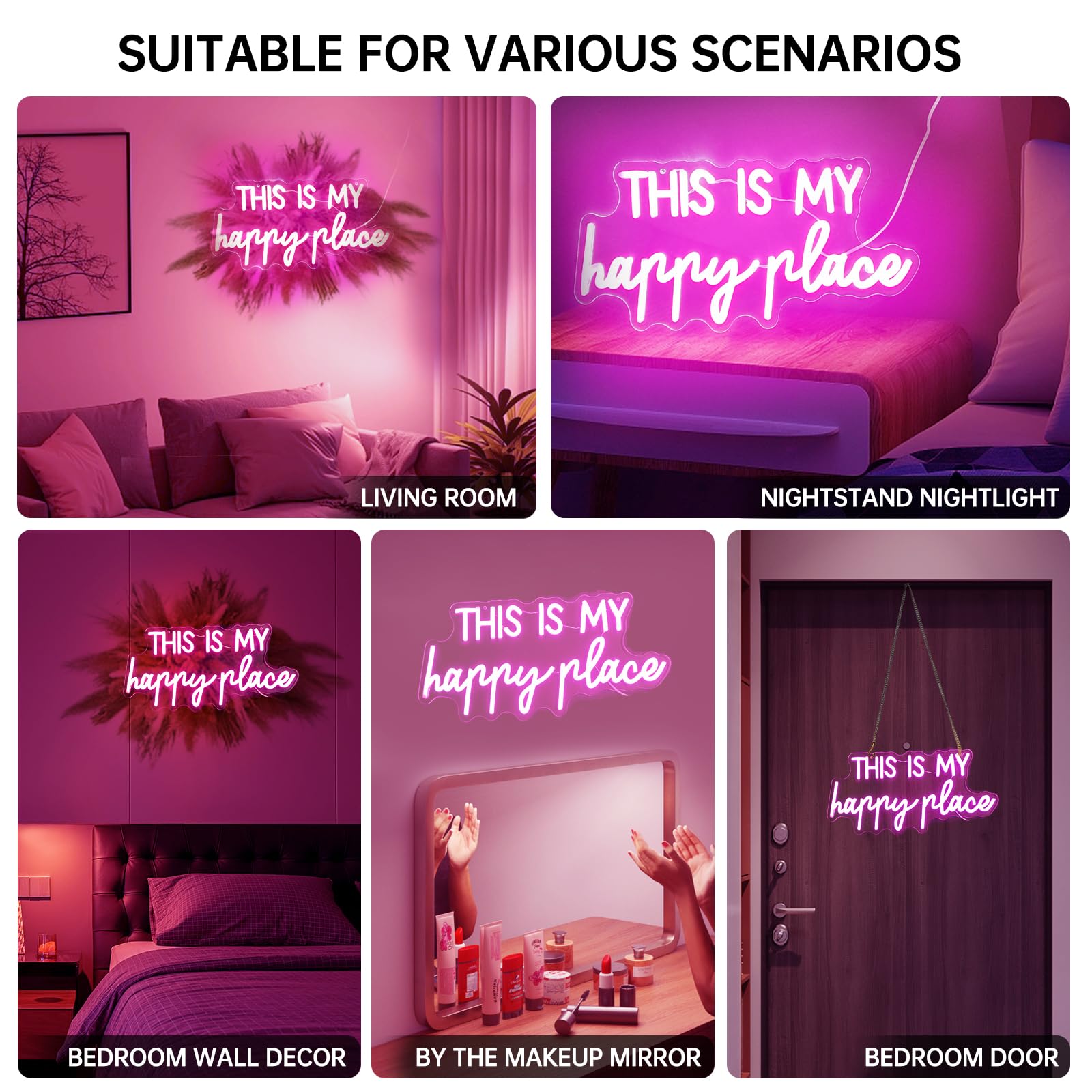 Adnkwolivt Neon Sign - This Is My Happy Place, Dimmable LED Light, 16x9 inches, Pink, Model LED-This is my happy place pink