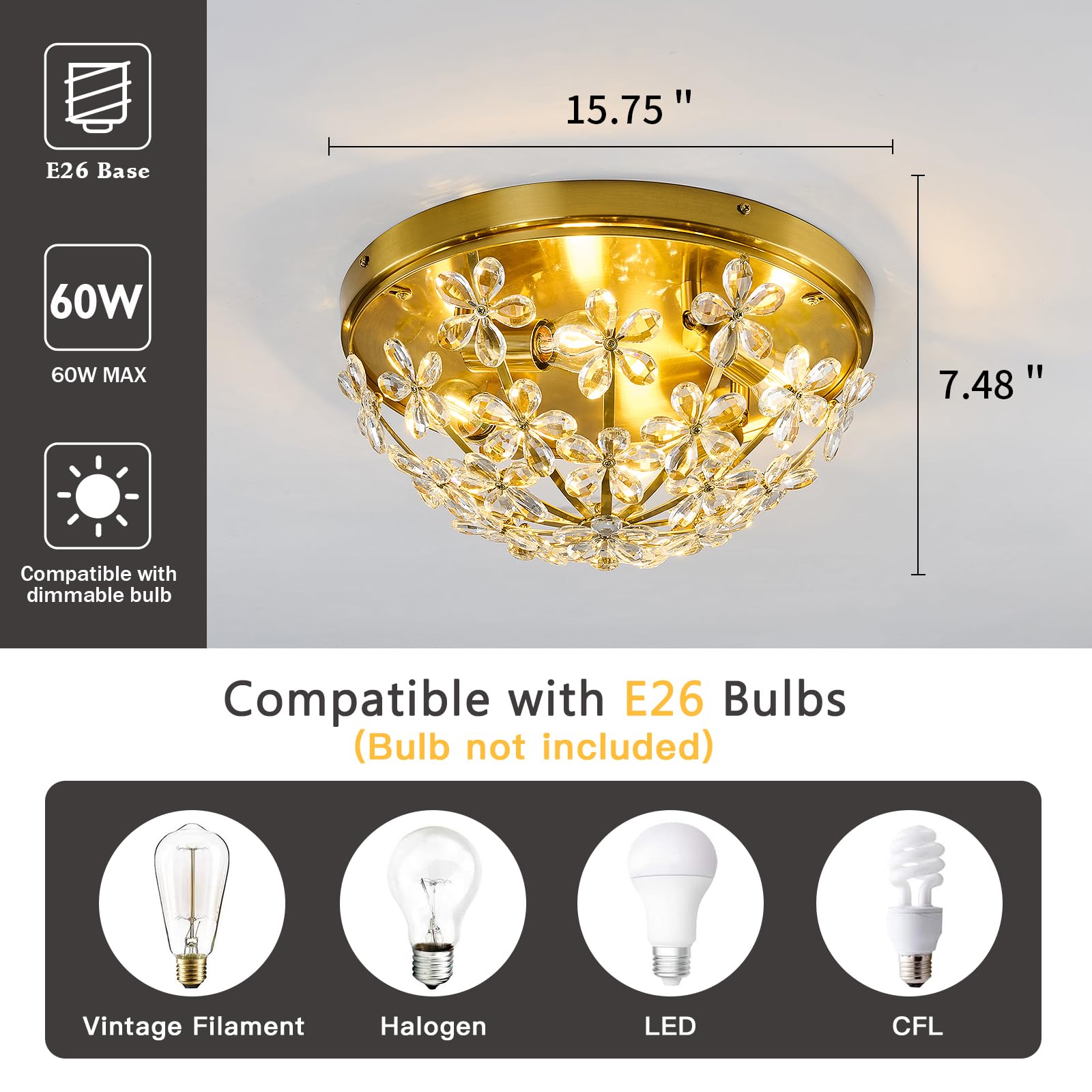 Asgyisa 4-Light Modern Crystal Flush Mount Ceiling Light Fixture Vintage Gold Chandelier Metal E26 Ceiling Lamp For Farmhouse Ha