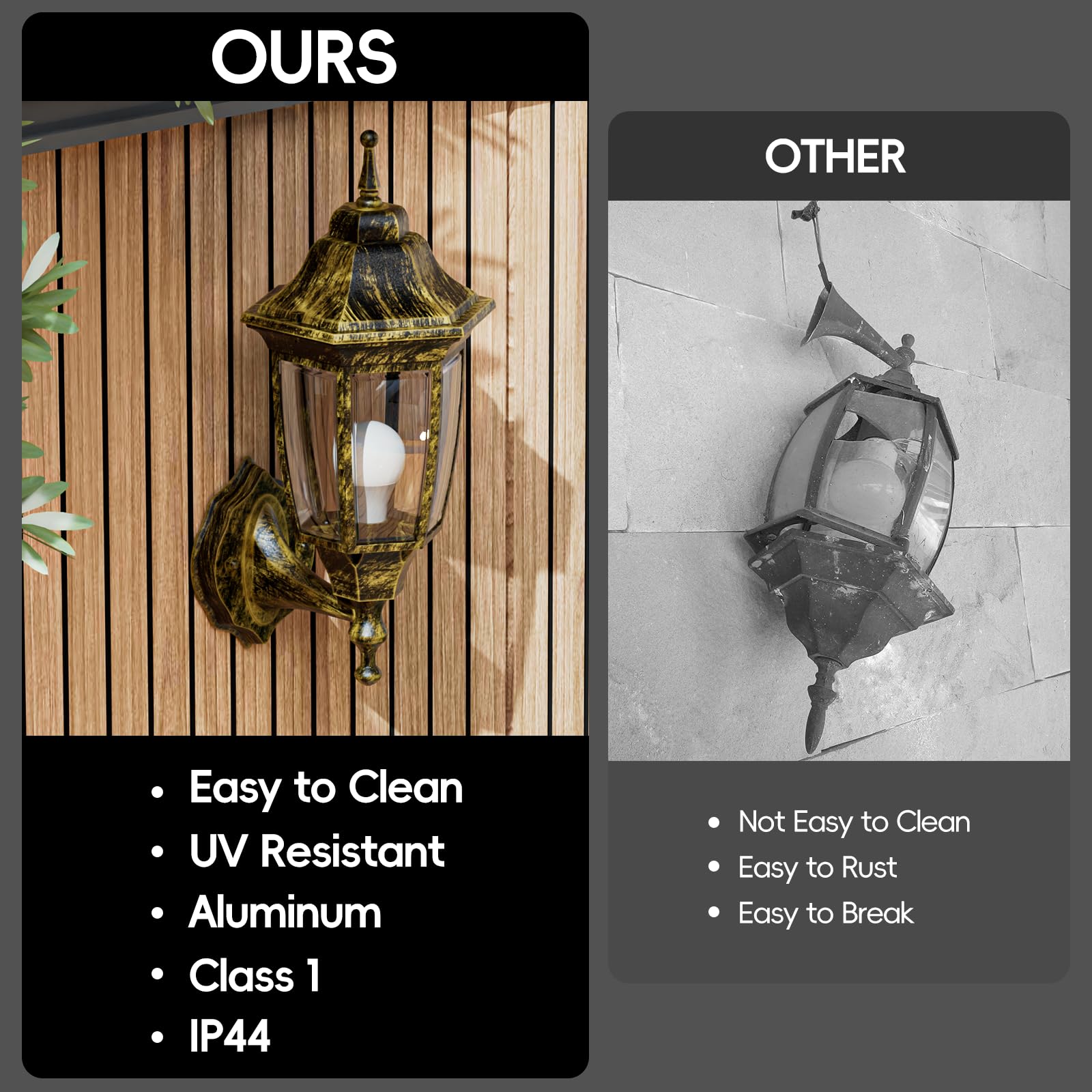 EMART Outdoor Wall Lamp Sconce, Waterproof Aluminum & Glass, 1 Pack, Gold, Model EM-AGGL-1
