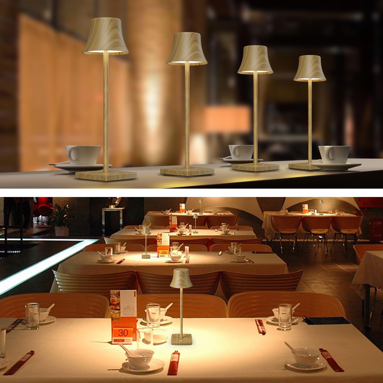 SHANGCAI Set of 2 LED Table Lights, Rechargeable, Dimmable, Bamboo Wood, Model SC-S807