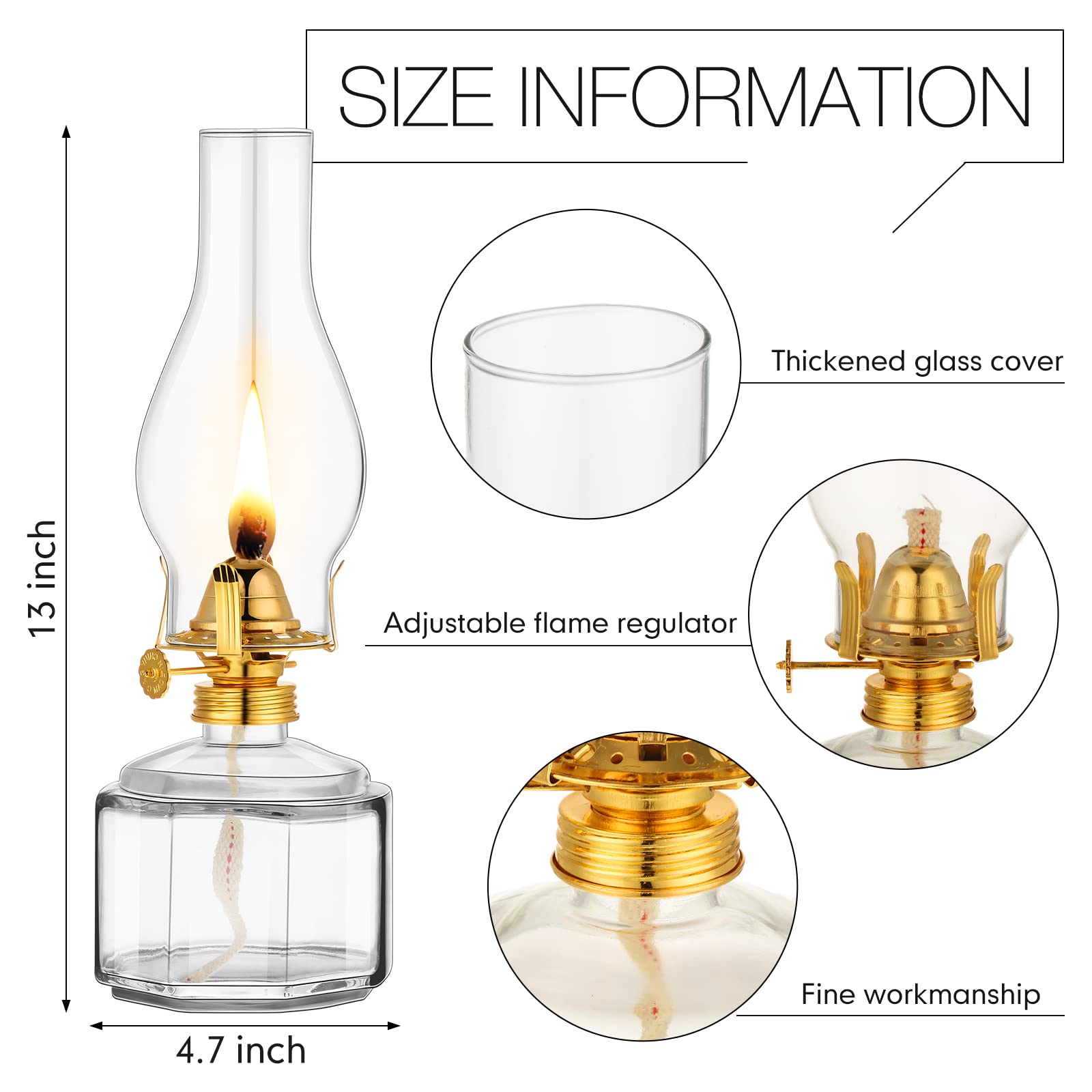 Tuanse 2 Pieces Chamber Oil Lamp Classic Kerosene Lantern Vintage Oil Lamp For Indoor Use,Decorative Hurricane Lantern With Adjustable Fire Wick For Home Tabletop Decor,13 Inch Height(Clear, Gold)