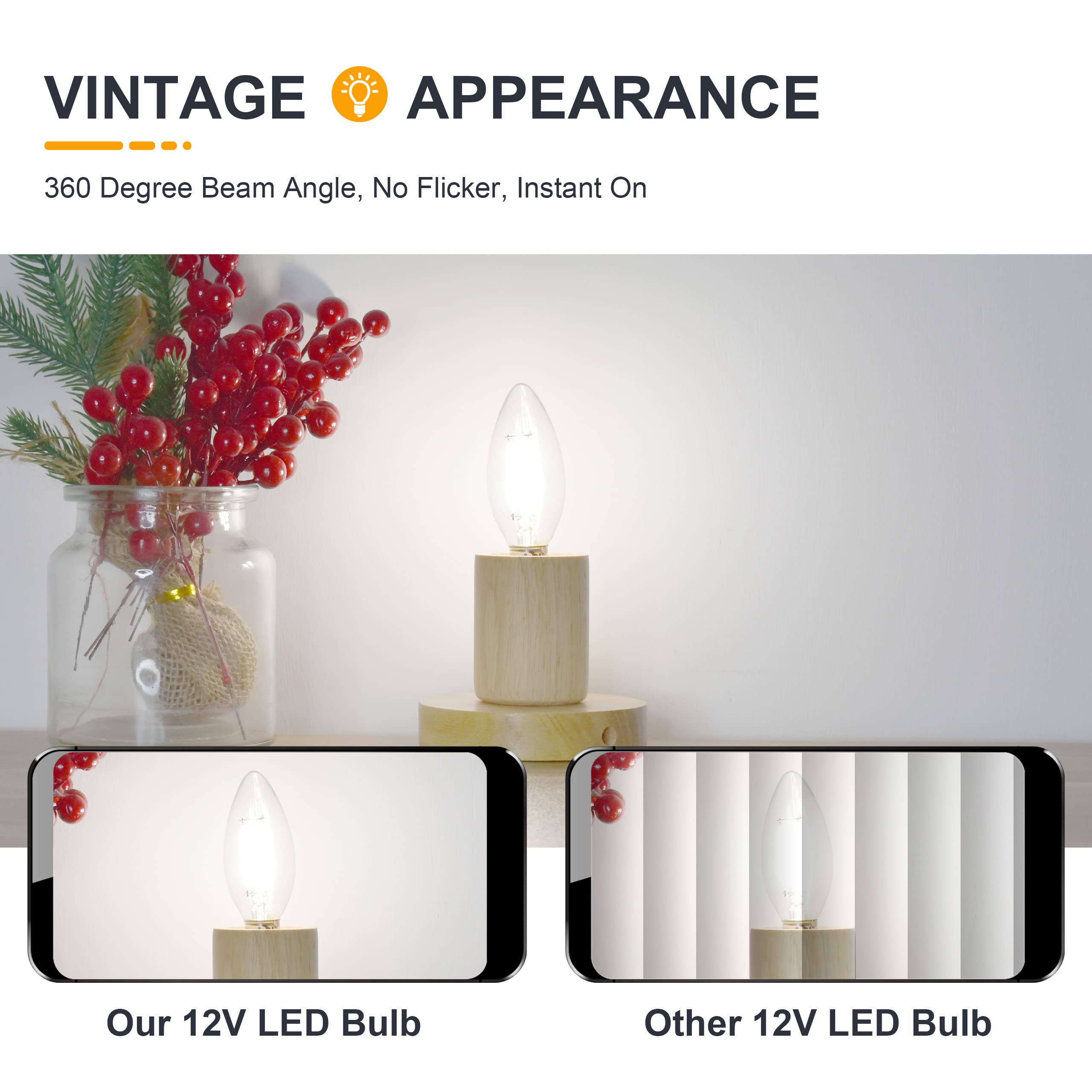 Tokcon 12V Candelabra Led Light Bulbs - Daylight 5000K 4W(Only For 12 Volt Dc/Ac) - E12 Small Base - 40W Equivalent Dimmable Low