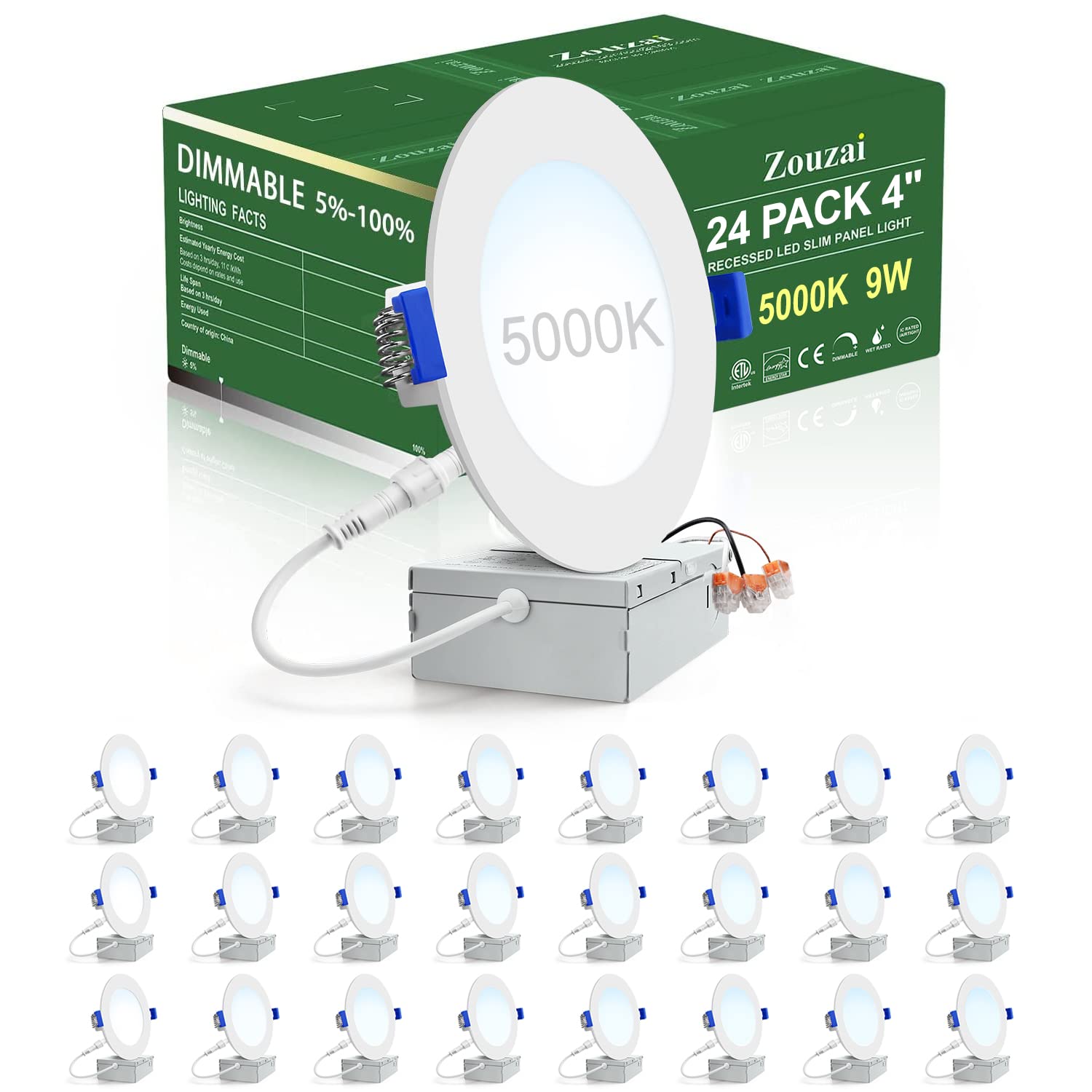 zouzai 24 Pack Ultra-Thin LED Recessed Ceiling Light, 4 Inch, 5000K Daylight, Dimmable, Aluminum, Model LBT-SRPL-19