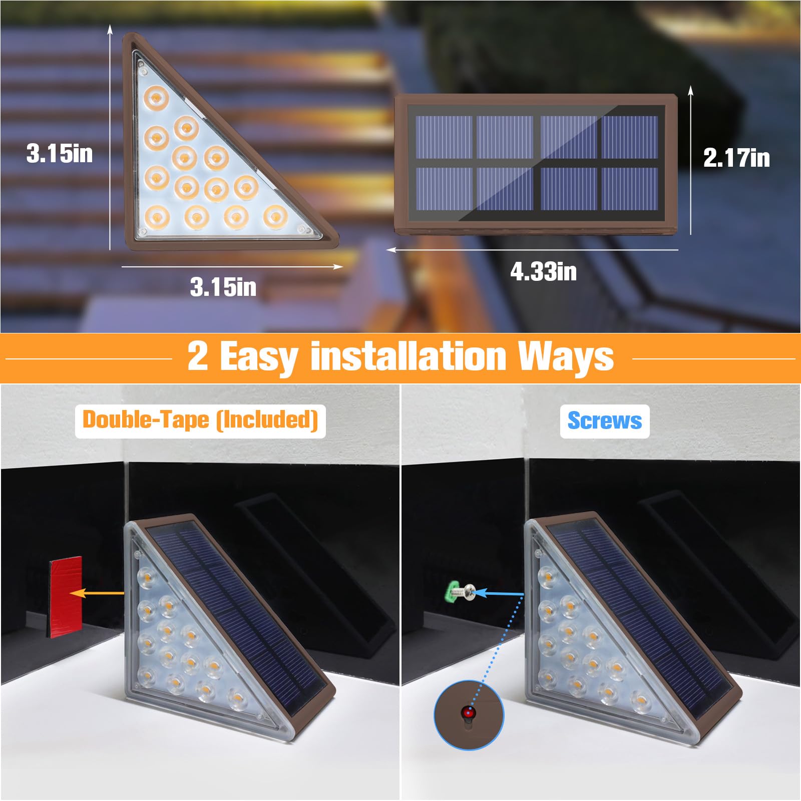 VOLISUN Solar Step Lights, Waterproof LED Outdoor Stair Lights, 24 Pack, Brown, Model 21454ZM for Deck, Porch, and Patio Decor