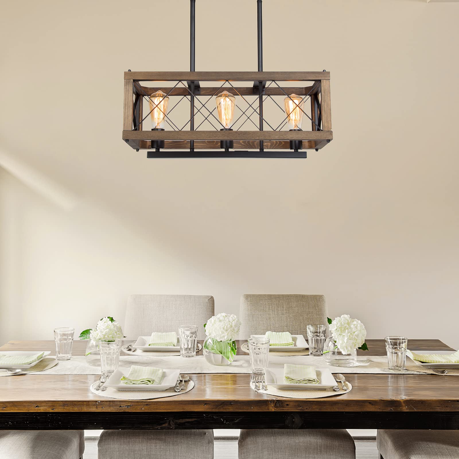 LALUZ Modern Farmhouse Chandelier, 3-Light Rectangular Fixture, Wooden Finish, 24in Hanging Light